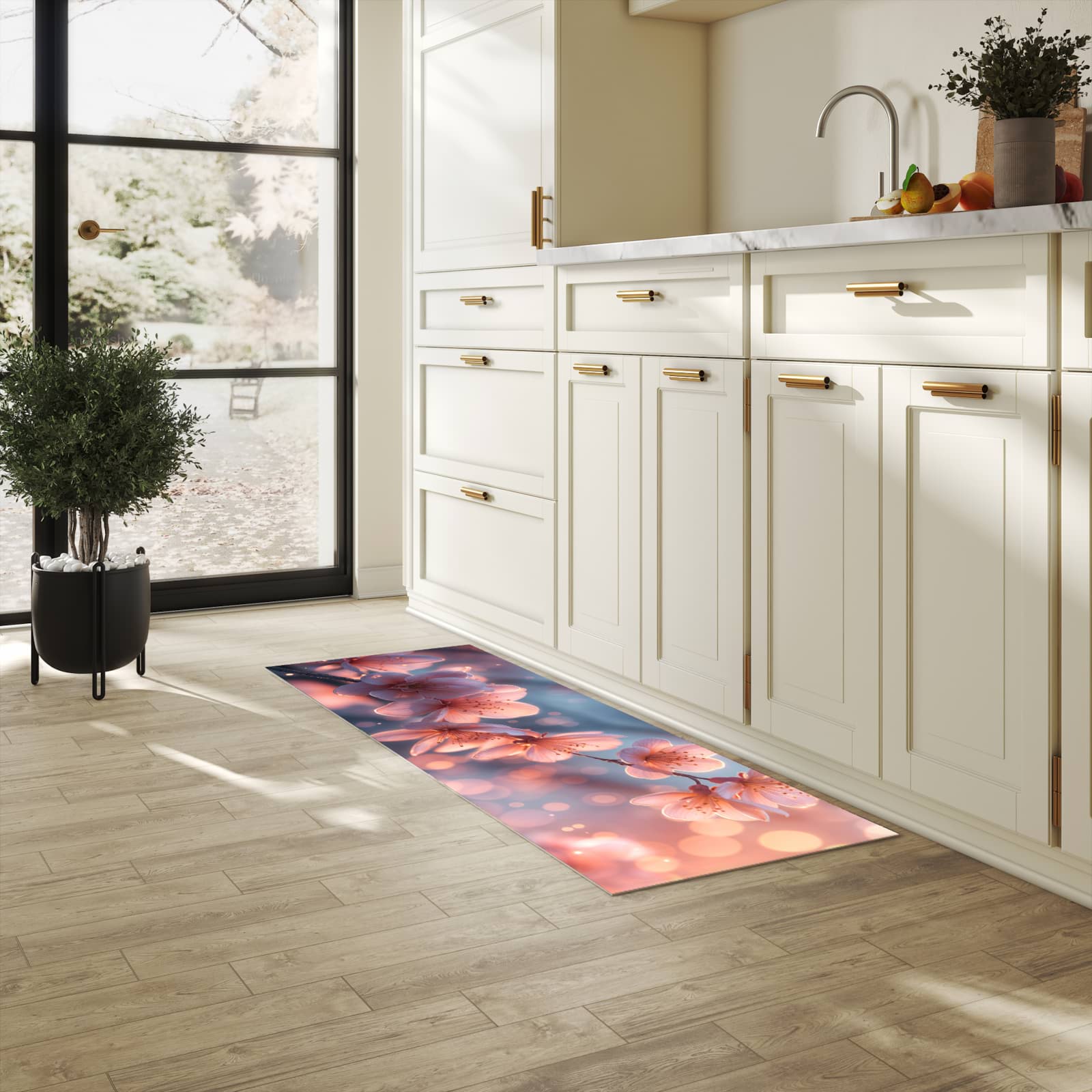 Abriebfester rutschfester Küchenläufer mit Motiv Blühender Zweig in heller Küche