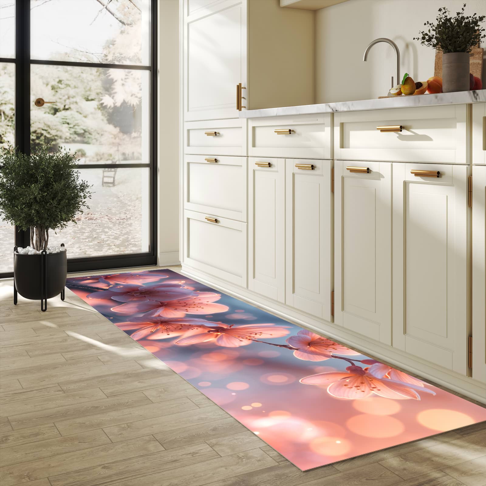 Flacher moderner Küchenläufer mit Motiv Blühender Zweig in heller Küche