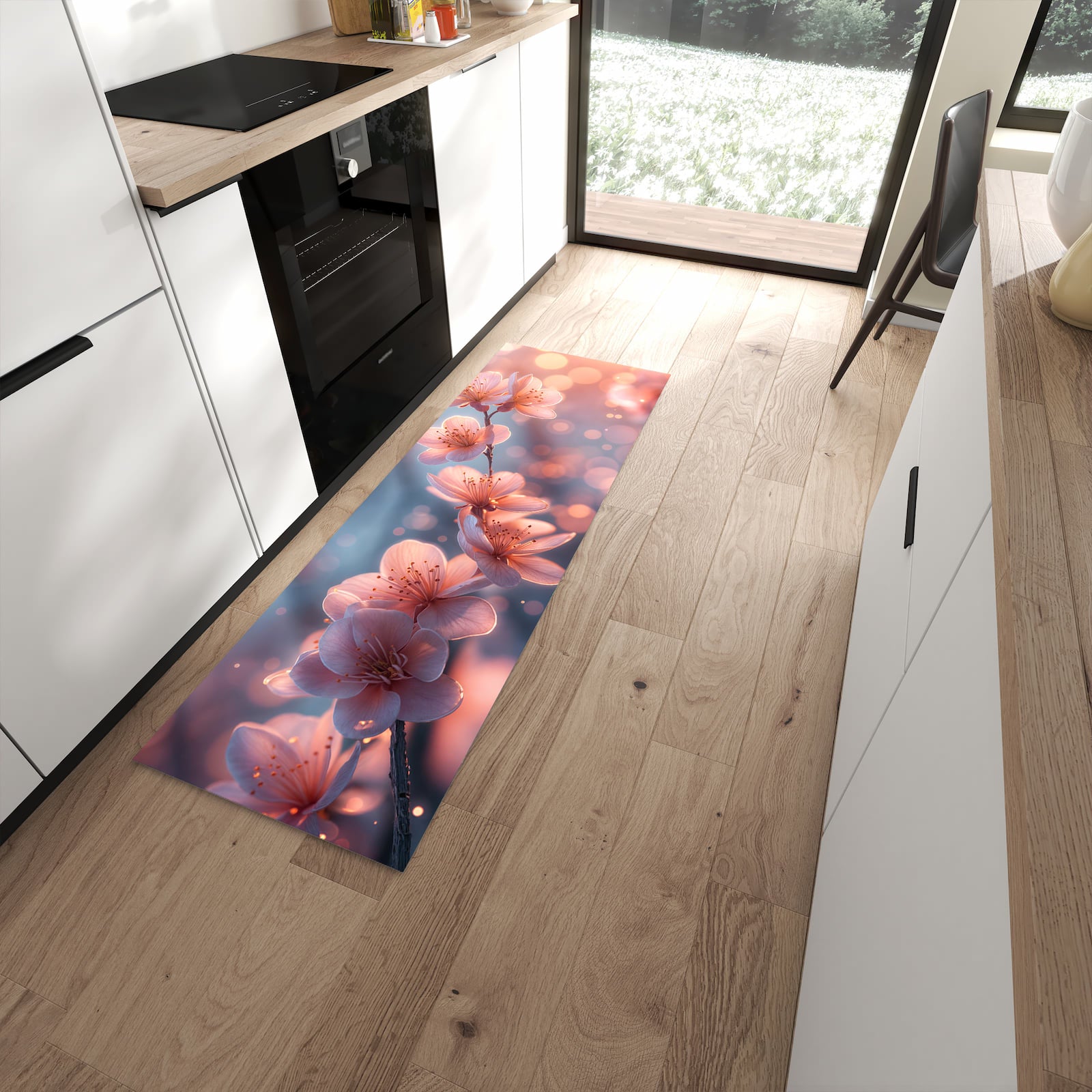 Waschbarer Teppich fürs Esszimmer mit Motiv Blühender Zweig in moderner Küche