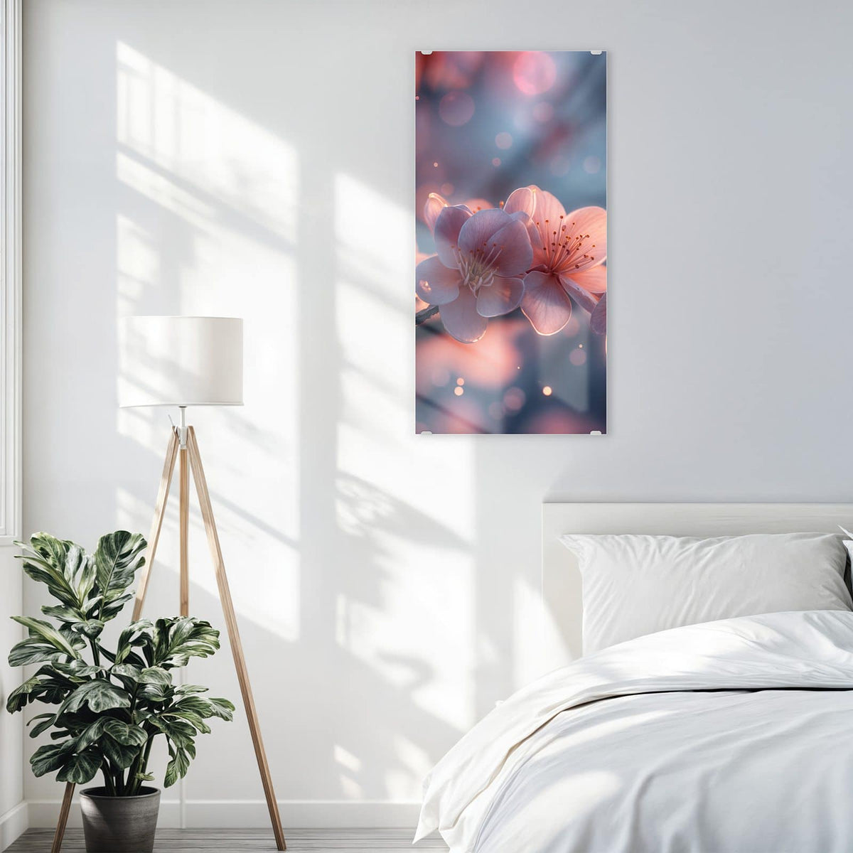 Glasbild Kirschblüten im Licht an der Wand – Rosa leuchtende Kirschblüten an einem Zweig vor blaugrauem Grund mit warmen Lichtpunkten.