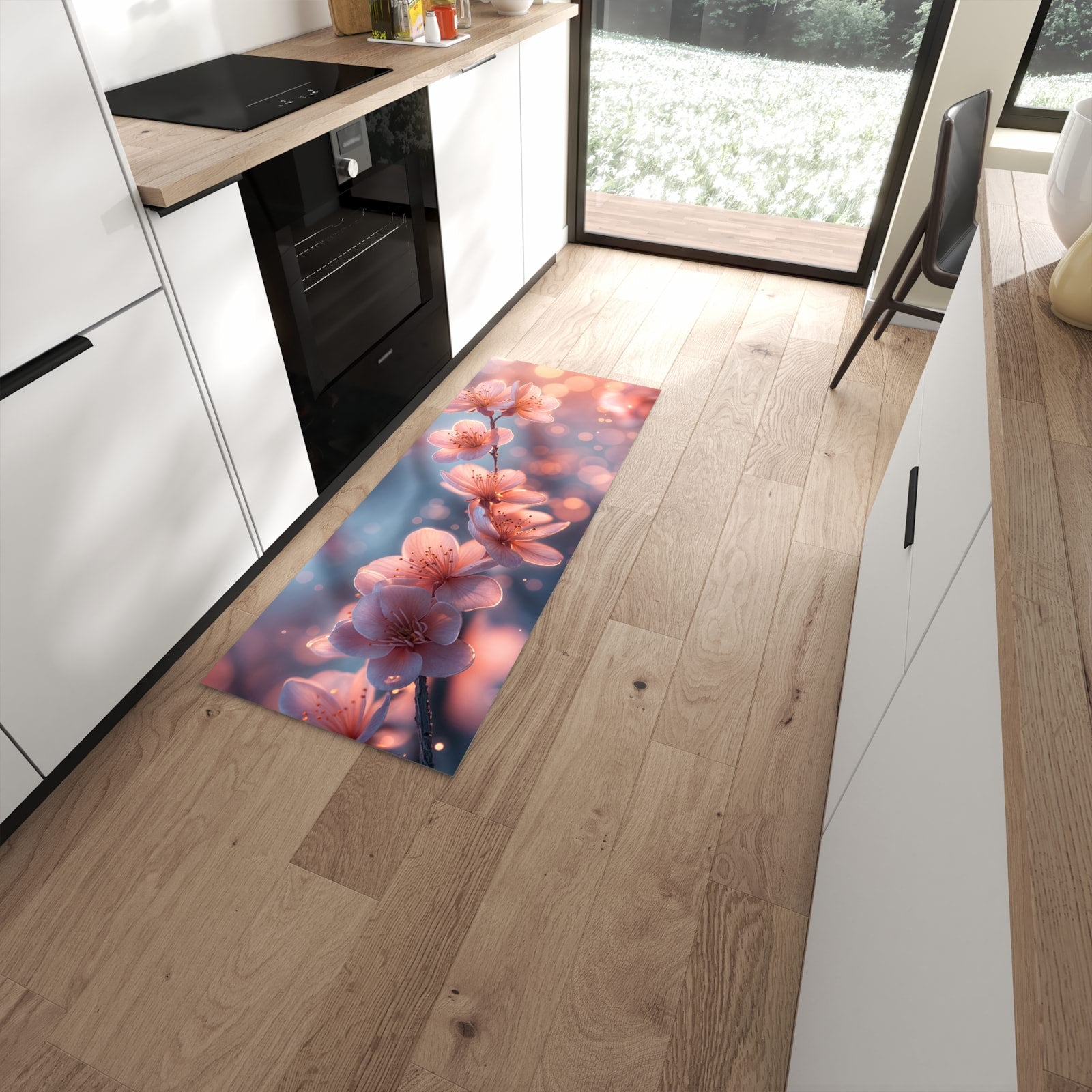 Waschbarer Küchenteppich mit Motiv Blühender Zweig in moderner Küche für sichere Aufbewahrung #grösse_60 x 150 cm