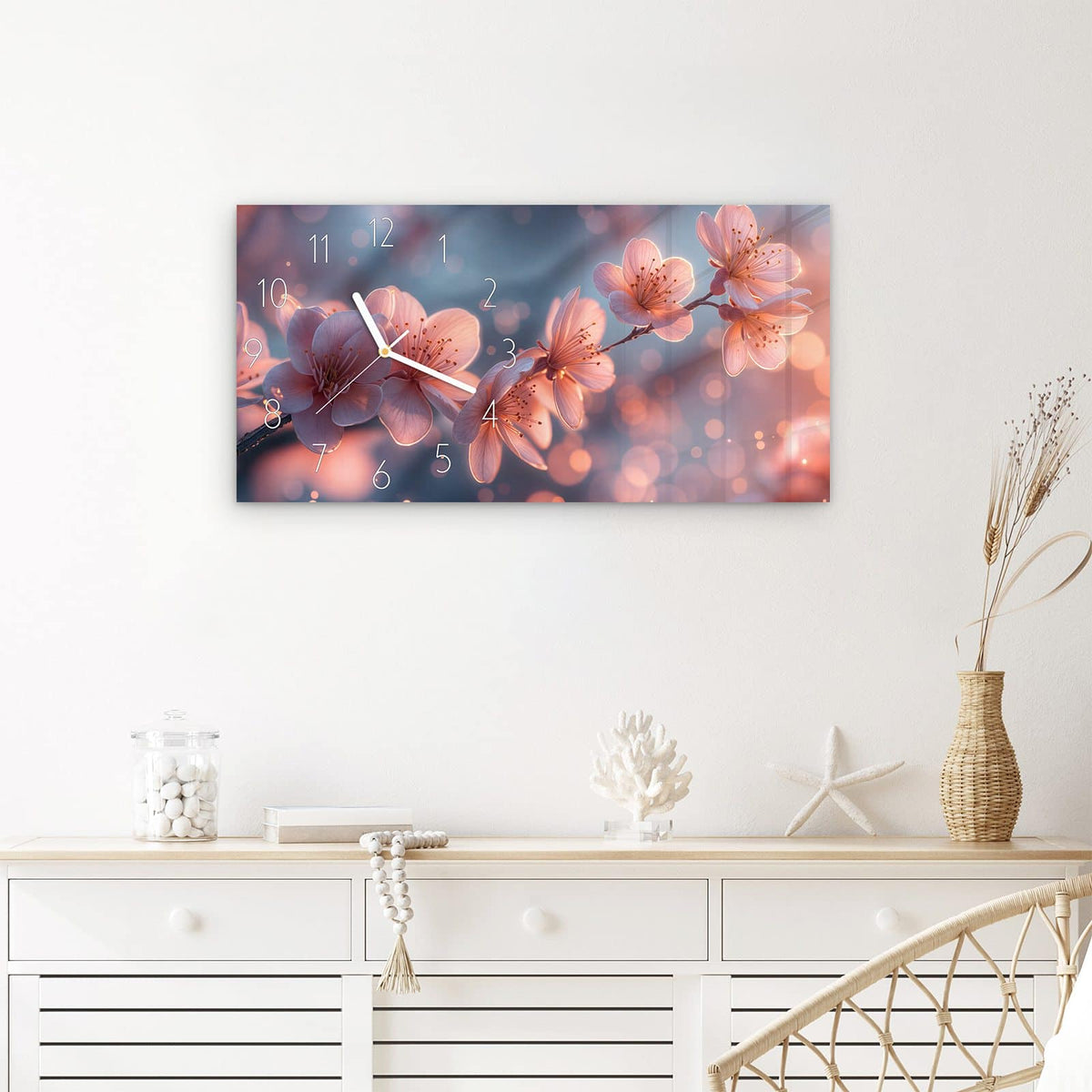 Wanduhr Blühender Zweig aus Glas – Querformat 60 × 30 cm – Rosa Kirschblüten vor zartem Bokeh