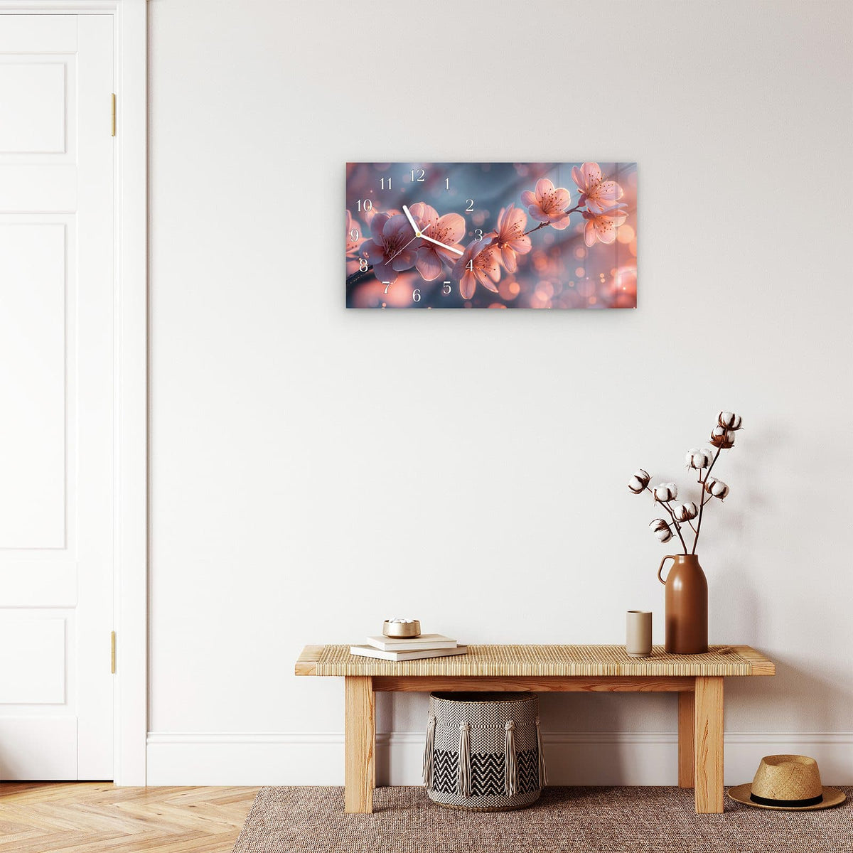 Moderne Wanduhr aus Glas mit Farbtiefe – Wanduhr Blühender Zweig aus Glas – Querformat 60 × 30 cm