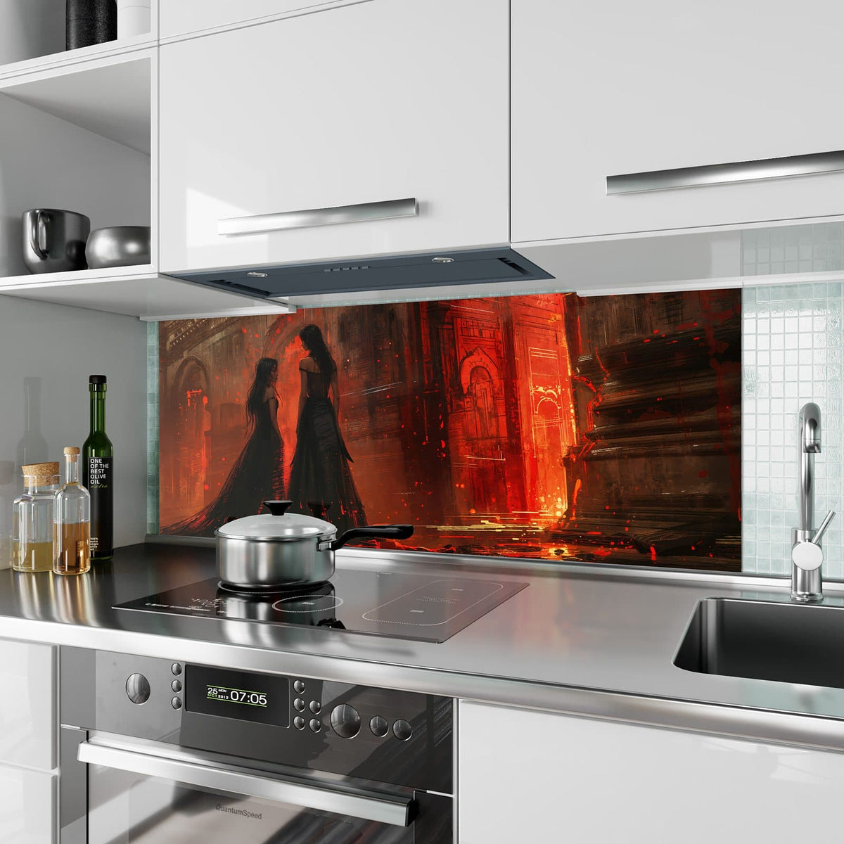 Küchenrückwand aus Glas Frauen im roten Licht im Hochformat als Spritzschutz hinter dem Kochfeld, über dem Fliesenspiegel montiert