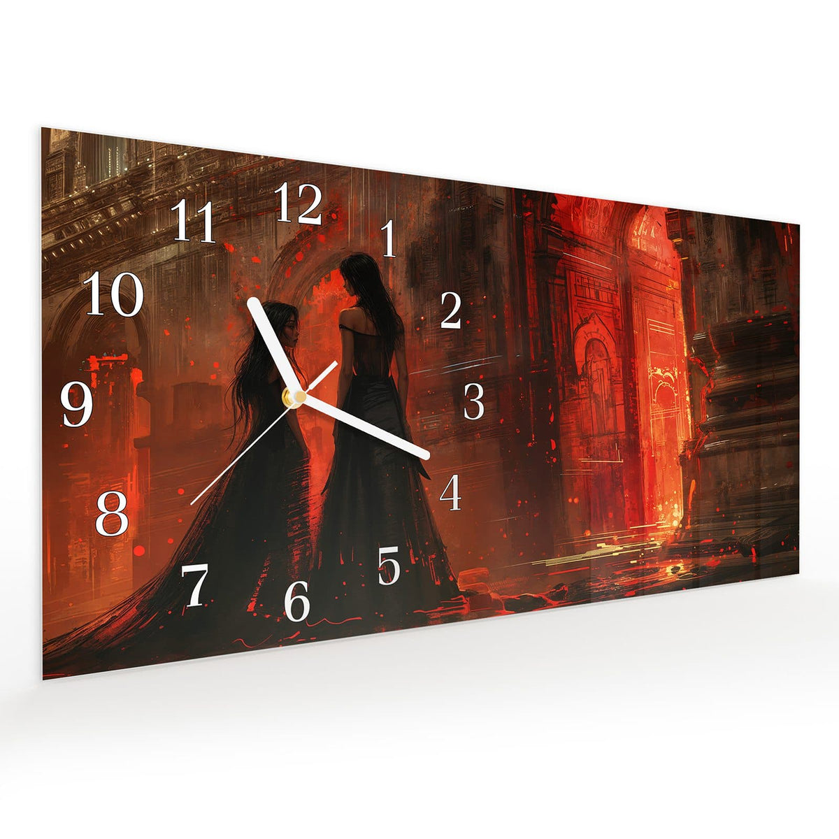 Vormontiert – mit Schwebeeffekt – Wanduhr Feuerpalast aus Glas – Querformat 60 × 30 cm