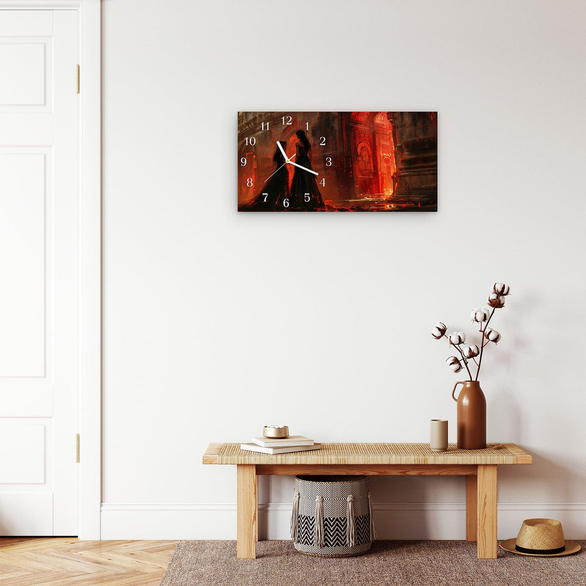 Moderne Wanduhr aus Glas mit Farbtiefe – Wanduhr Feuerpalast aus Glas – Querformat 60 × 30 cm