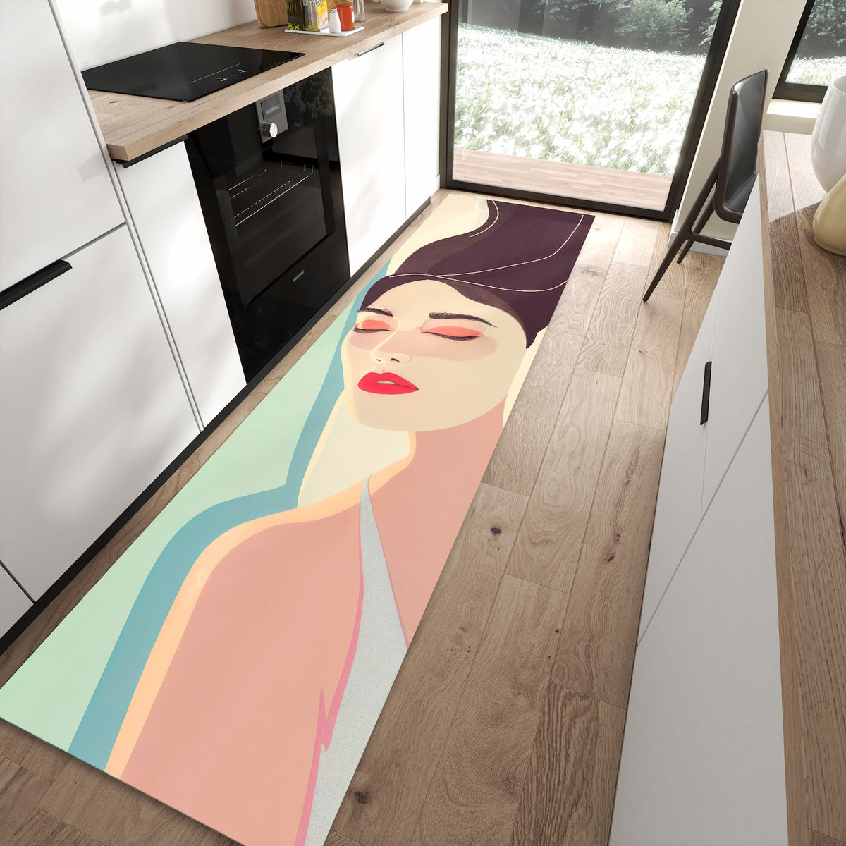 Flacher Küchenteppich mit Motiv Sonnenbaden in moderner Küche