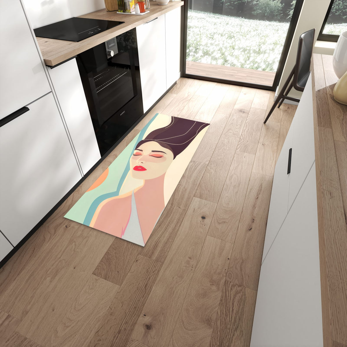 Geräuschdämpfender abwaschbarer Küchenläufer mit Motiv Sonnenbaden in moderner Küche #grösse_60 x 150 cm