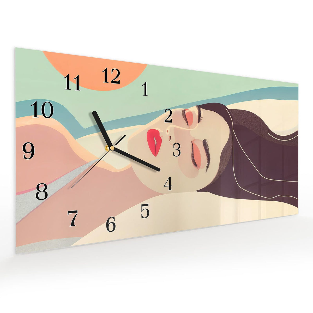 Vormontiert – mit Schwebeeffekt – Wanduhr Sonnenbaden aus Glas – Querformat 60 × 30 cm