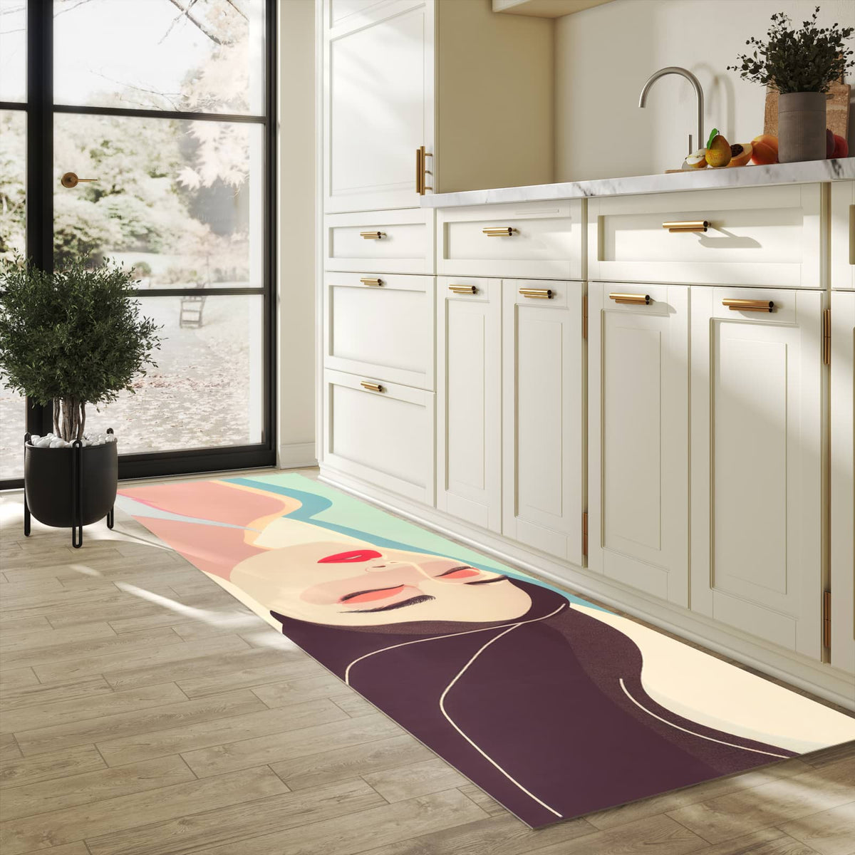 Komfortabler Teppich fürs Esszimmer mit Motiv Sonnenbaden in heller Küche, waschbar