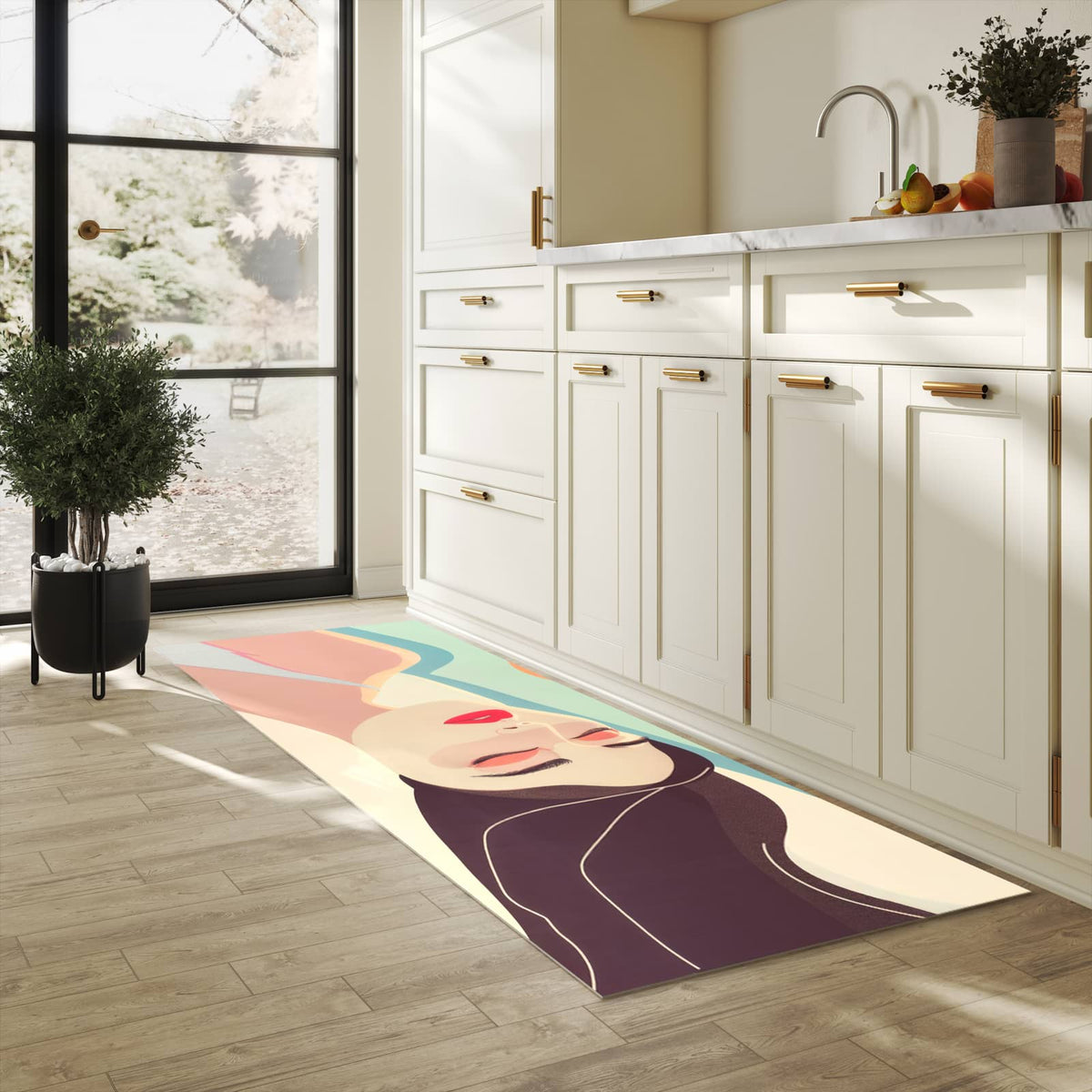Flacher rutschfester Küchenteppich mit Motiv Sonnenbaden in heller Küche