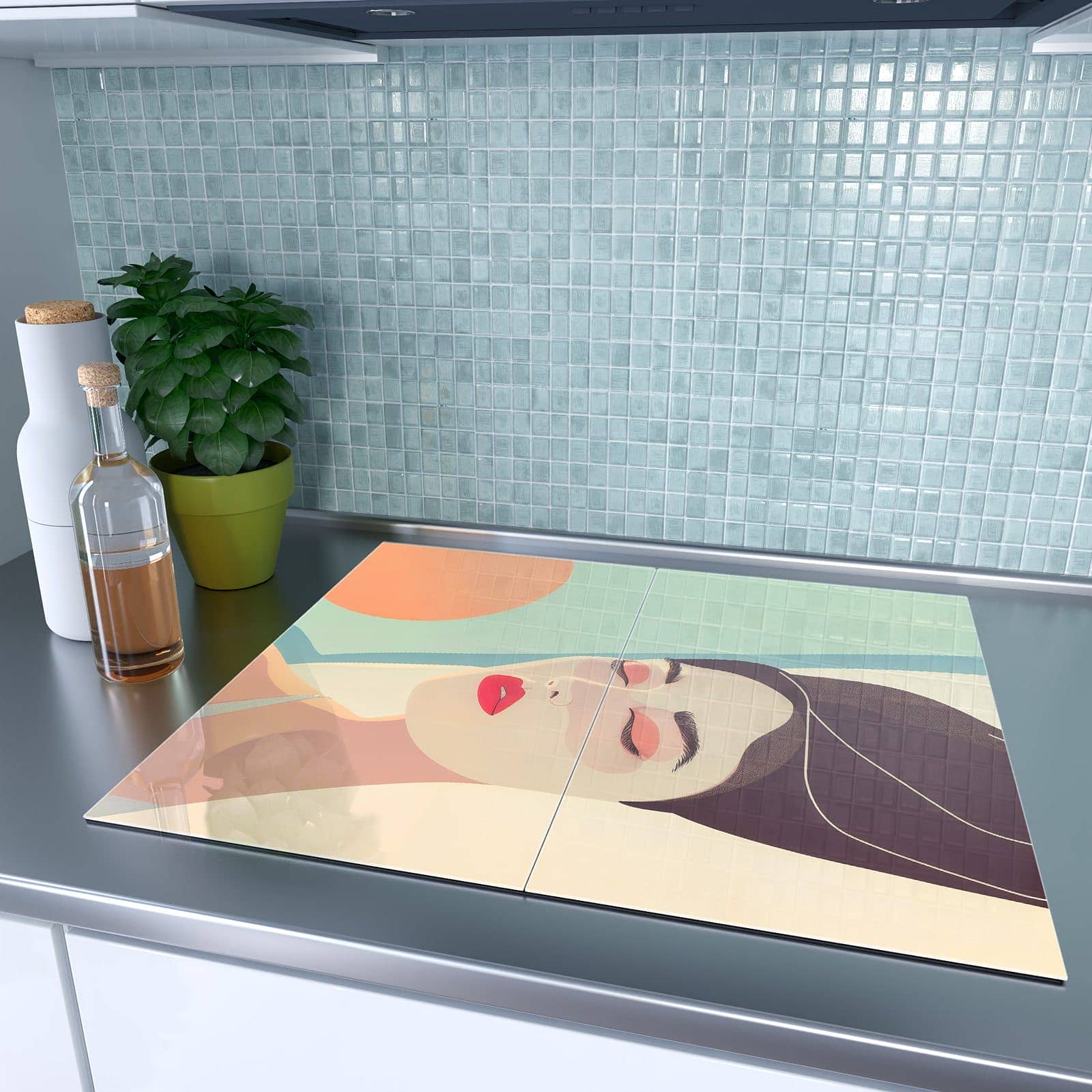 2-teilige Abdeckplatte für Ceranfeld mit Sonnenbaden-Motiv auf dem Ceranfeld
