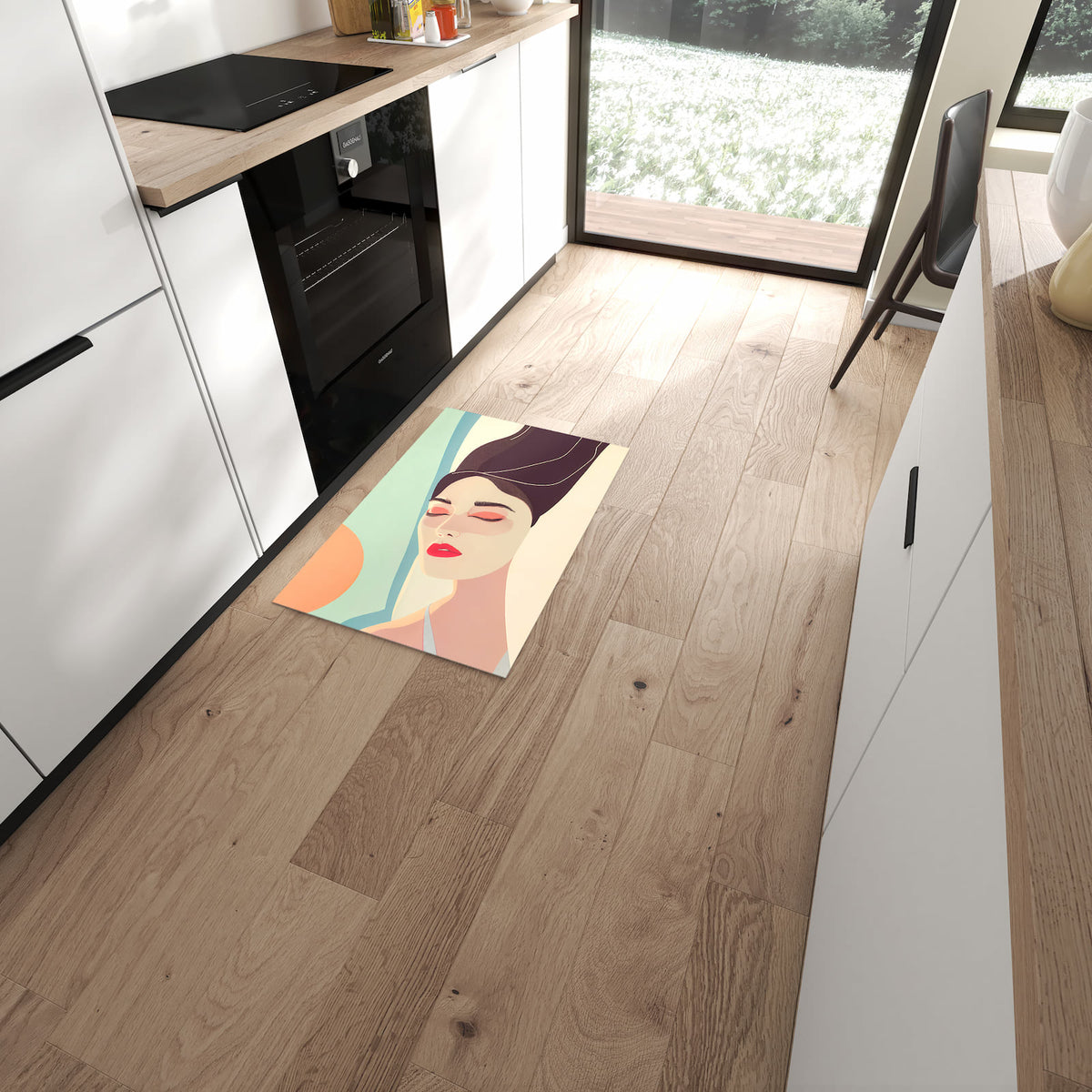 Fleckenresistenter Küchenteppich mit Motiv Sonnenbaden in moderner Küche