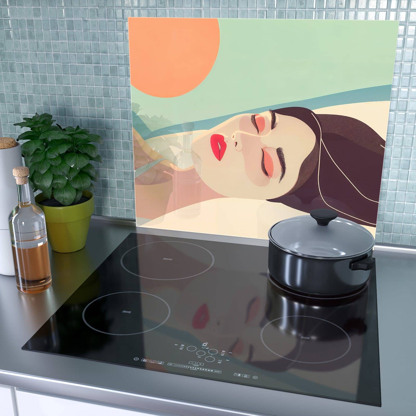 1-teilige Herdabdeckplatte Induktion mit Sonnenbaden-Motiv als Spritzschutz hinter dem Kochfeld