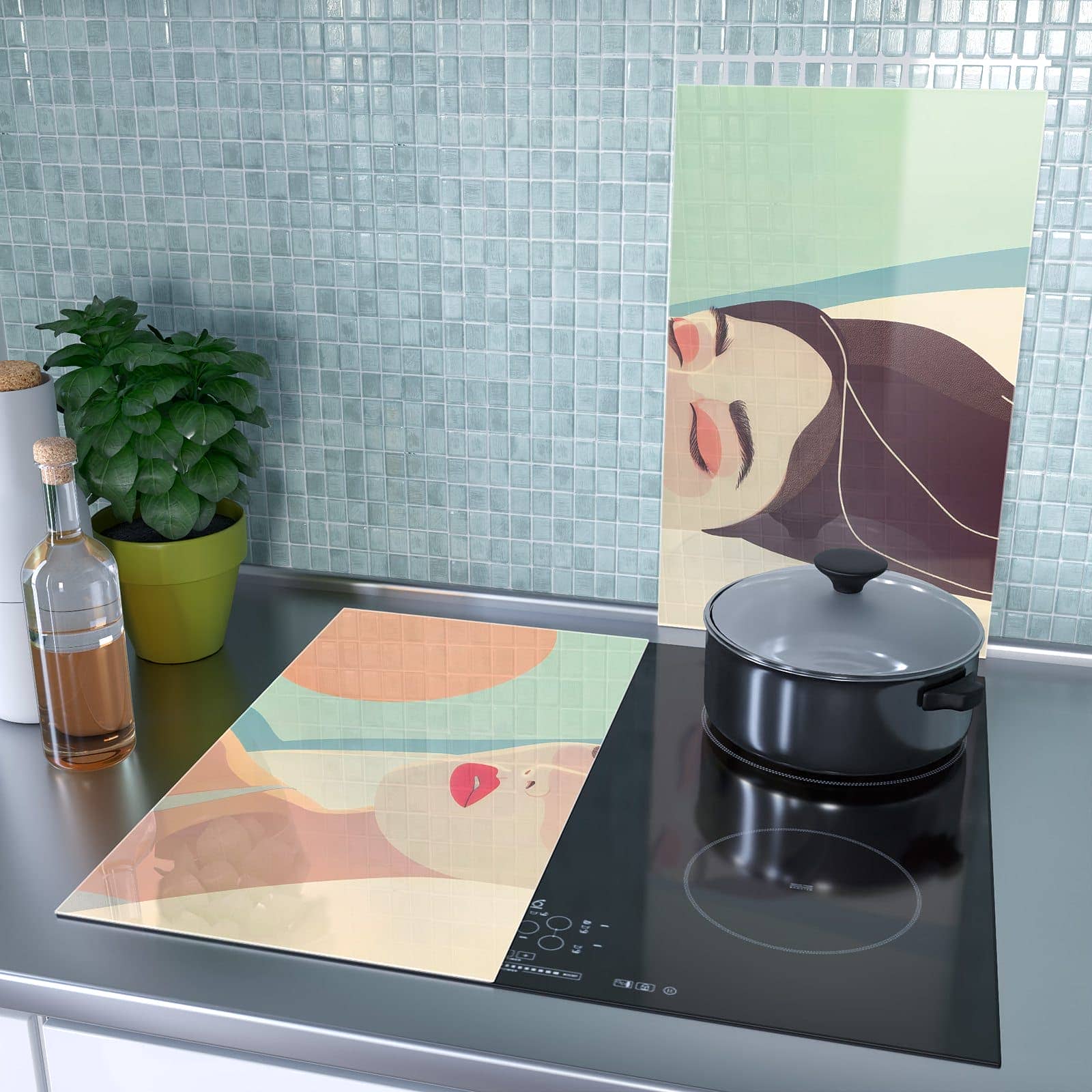 2-teilige Kochfeldabdeckung mit Sonnenbaden-Motiv als Spritzschutz hinter dem Kochfeld