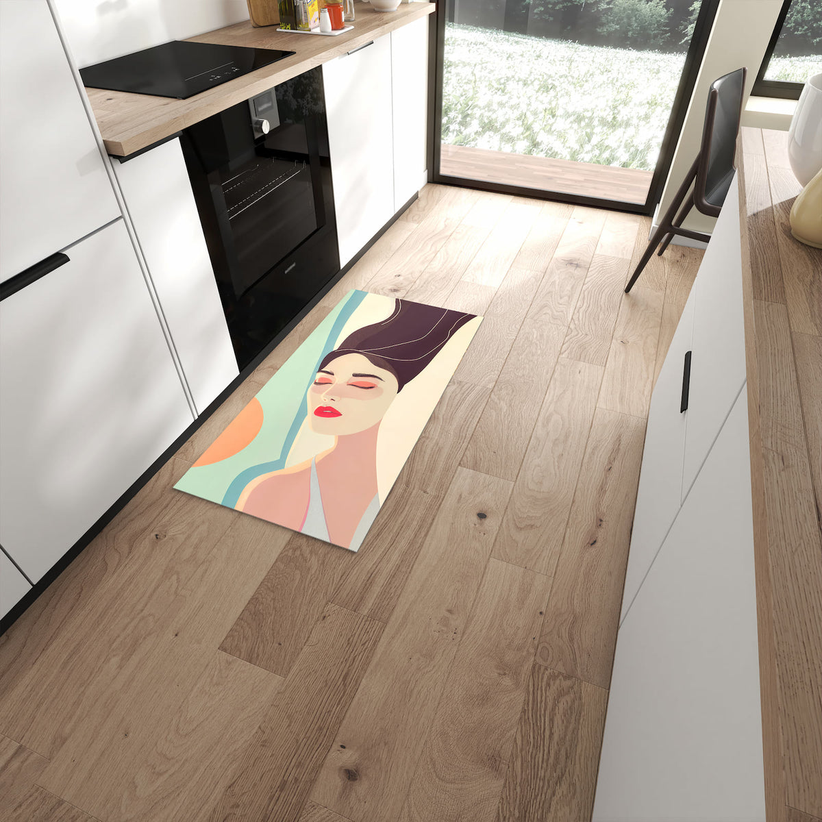 Zeitsparender moderner Küchenläufer mit Motiv Sonnenbaden in moderner Küche #grösse_60 x 120 cm
