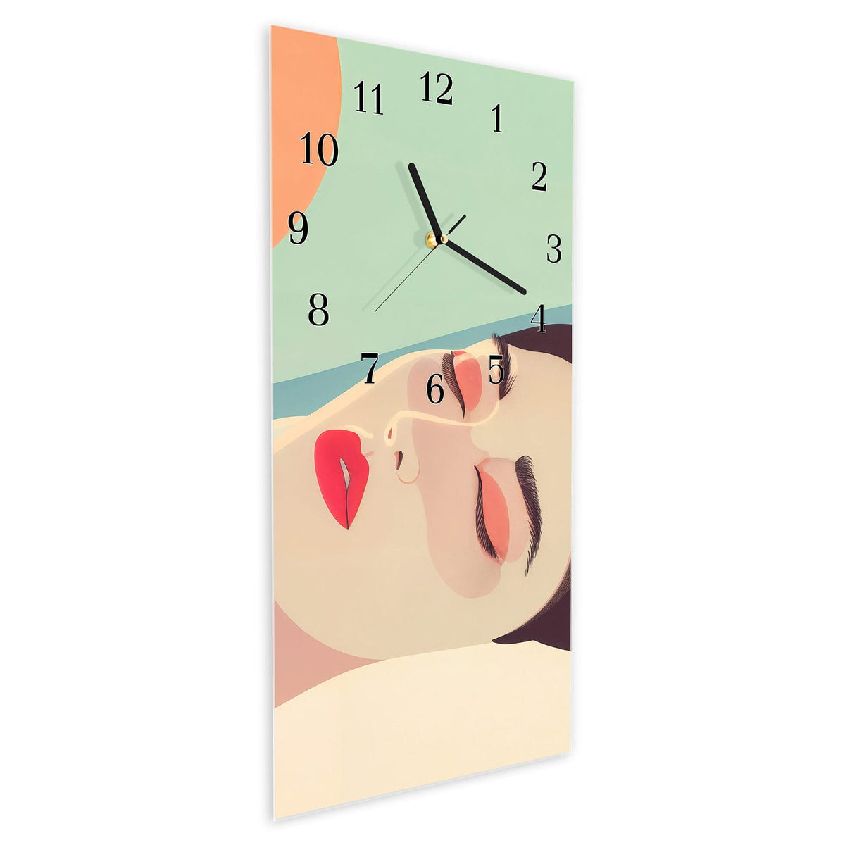 Vormontiert – mit Schwebeeffekt – Wanduhr Sonnenbaden aus Glas – Hochformat 30 × 60 cm