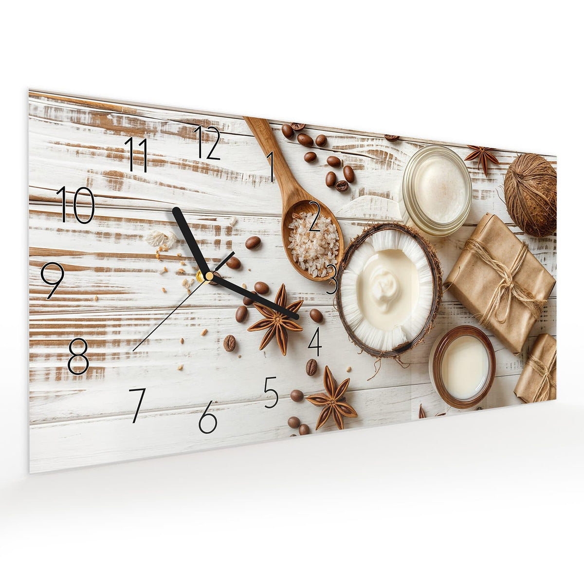 Wanduhr aus Glas im Querformat Kokosnuss und Kaffee schräg von der Seite, 4 mm starkes Glas