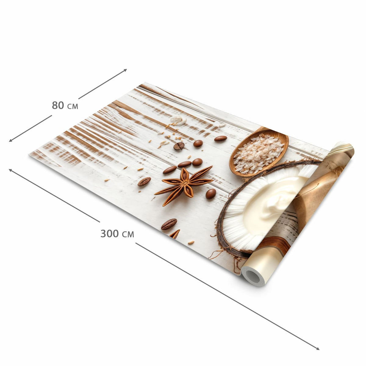 Flacher rutschfester Küchenläufer mit Motiv Natürliche Pflegeprodukte in der Grösse 80x280 cm