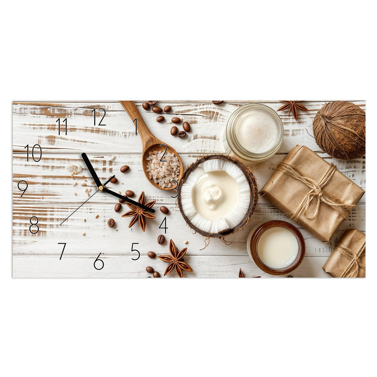 Wanduhr aus Glas, Ziffernblatt Elegant: Flatlay auf weißem Holz: halbe Kokosnuss mit Creme, Cremetiegel, Kaffeebohnen, Anissterne, Salz im Holzlöffel #ziffernblatt_Elegant