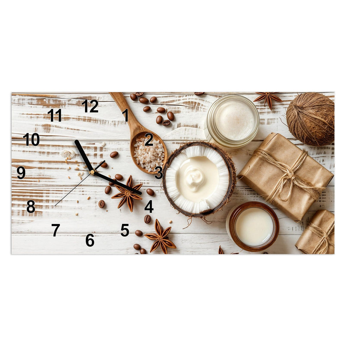 Wanduhr aus Glas, Ziffernblatt Modern: Flatlay auf weißem Holz: halbe Kokosnuss mit Creme, Cremetiegel, Kaffeebohnen, Anissterne, Salz im Holzlöffel