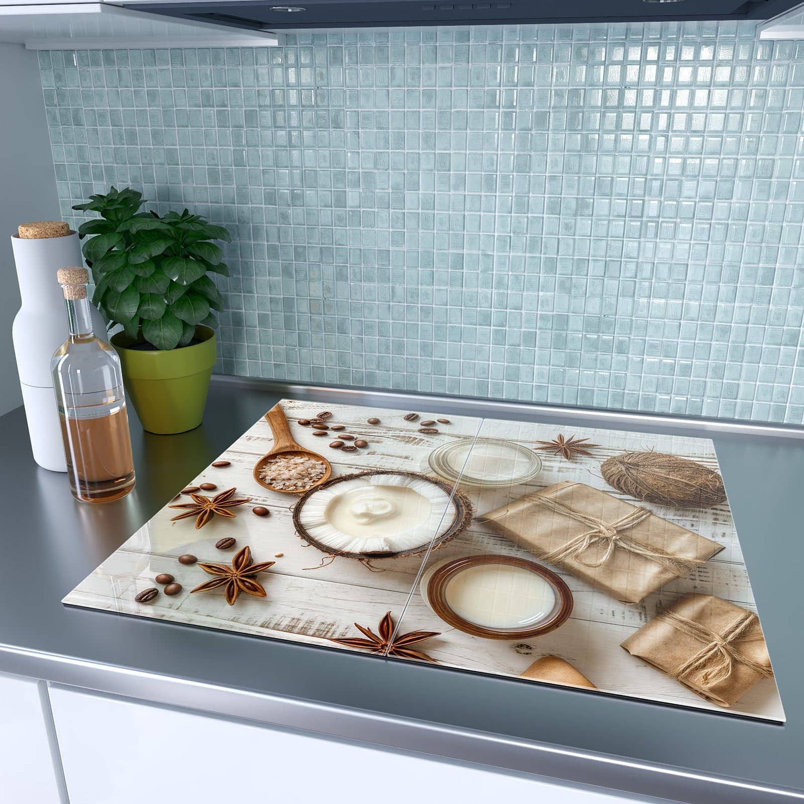 2-teilige Herdabdeckplatten mit Natürliche Pflegeprodukte-Motiv auf dem Ceranfeld