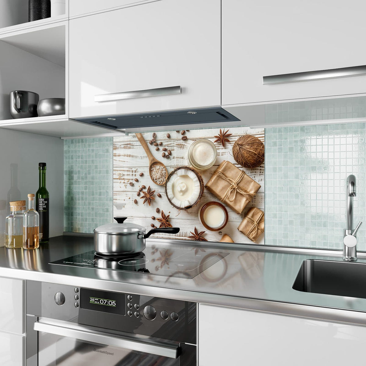 Küchenrückwand aus Glas Kokosnuss und Kaffee im Hochformat als Spritzschutz hinter dem Kochfeld, über dem Fliesenspiegel montiert