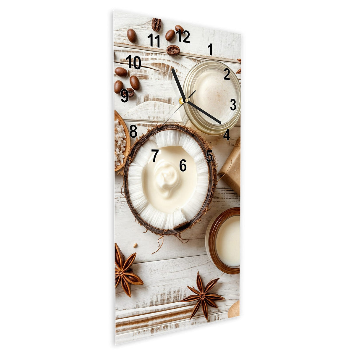 Wanduhr aus Glas im Hochformat Kokosnuss und Kaffee schräg von der Seite, 4 mm starkes Glas
