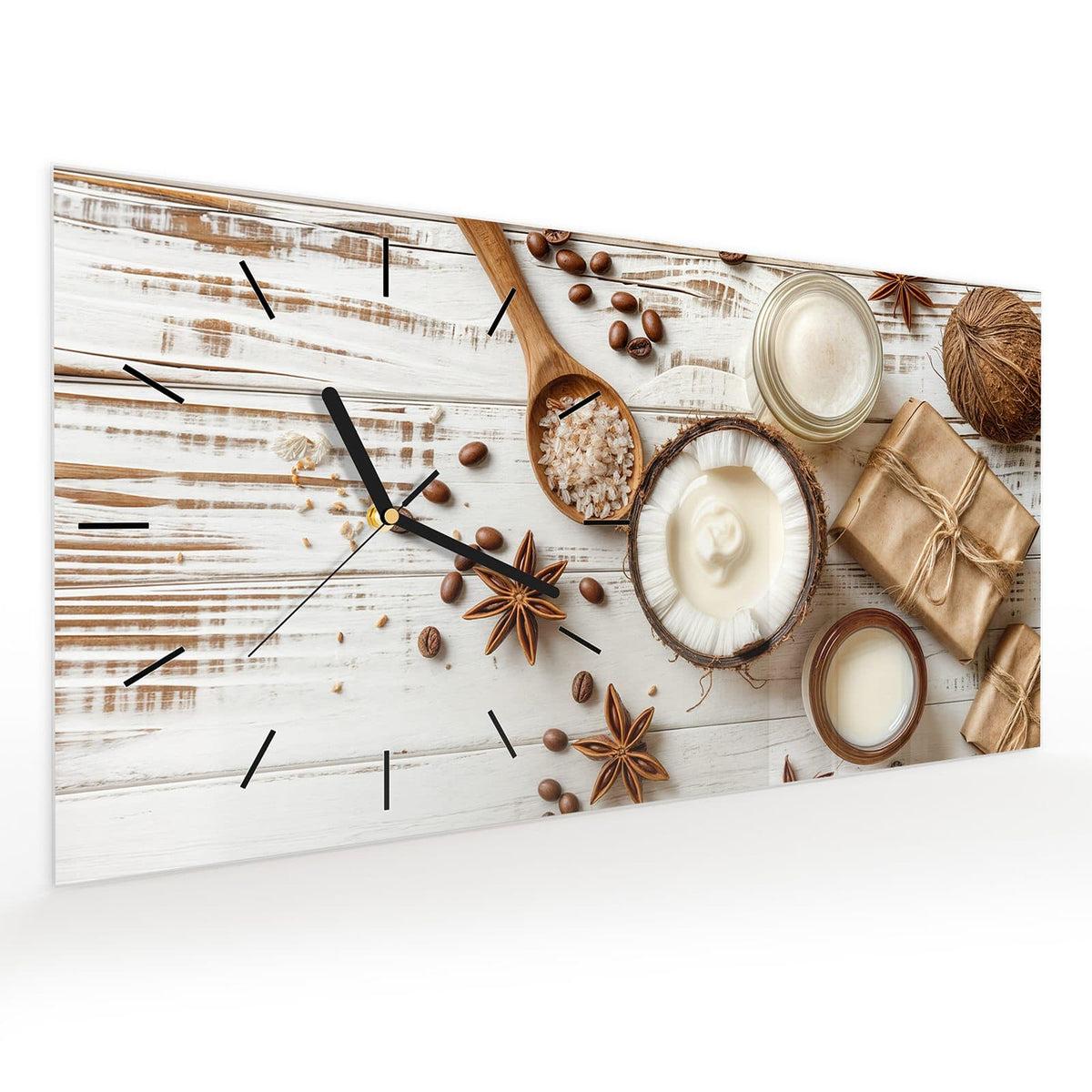 Wanduhr aus Glas im Querformat Kokosnuss und Kaffee schräg von der Seite, 4 mm starkes Glas