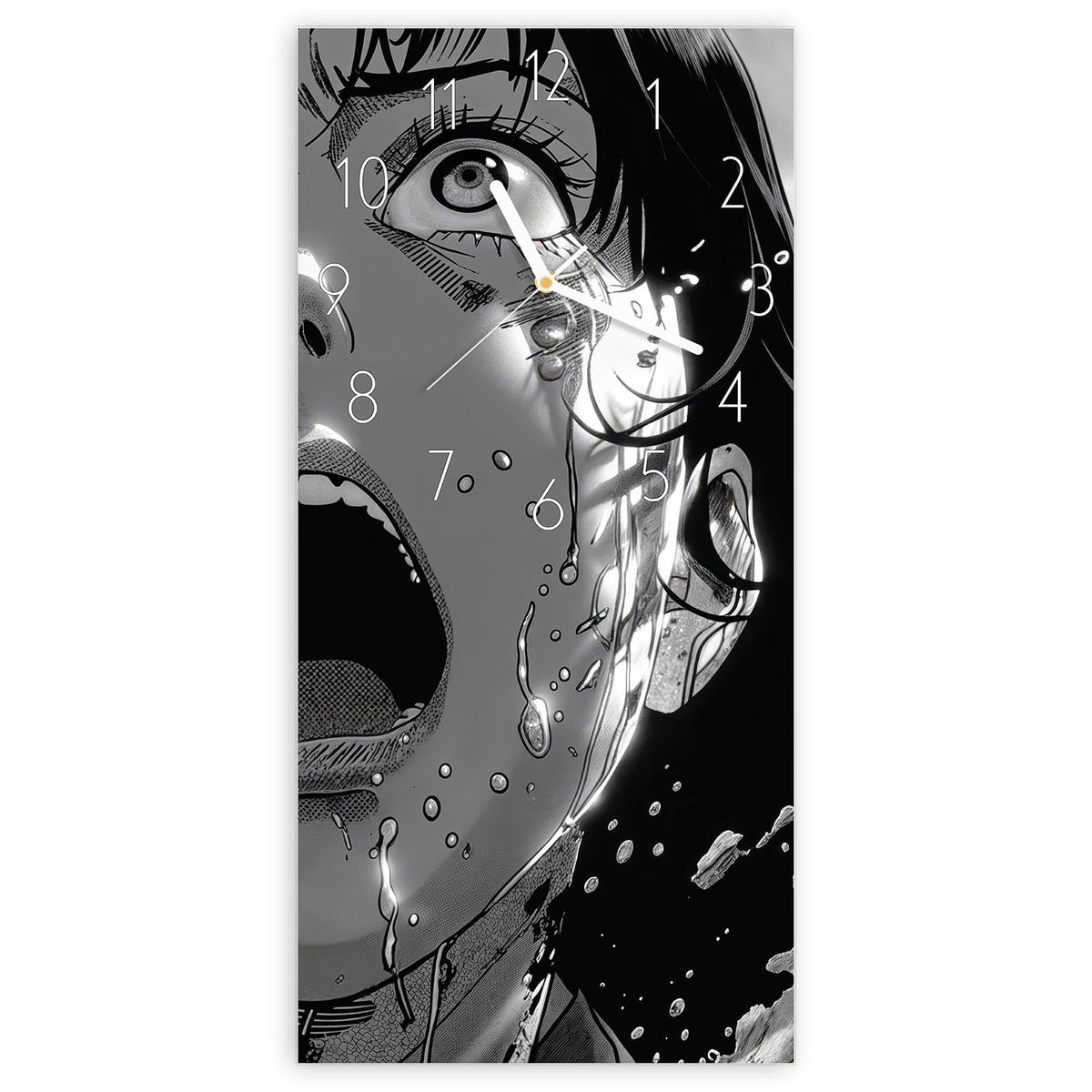 Wanduhr aus Glas, Ziffernblatt Elegant mit Motiv Manga-Schrei: Schwarzweißes Manga-Gesicht in Großaufnahme, aufgerissene Augen und Mund, Schweißtropfen #ziffernblatt_Elegant