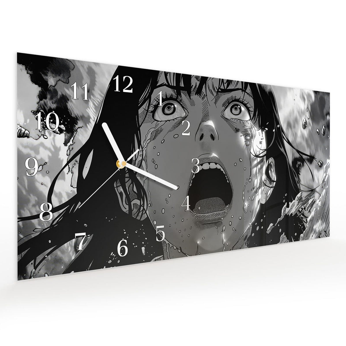 Vormontiert – mit Schwebeeffekt – Wanduhr Schreiender Ausdruck aus Glas – Querformat 60 × 30 cm