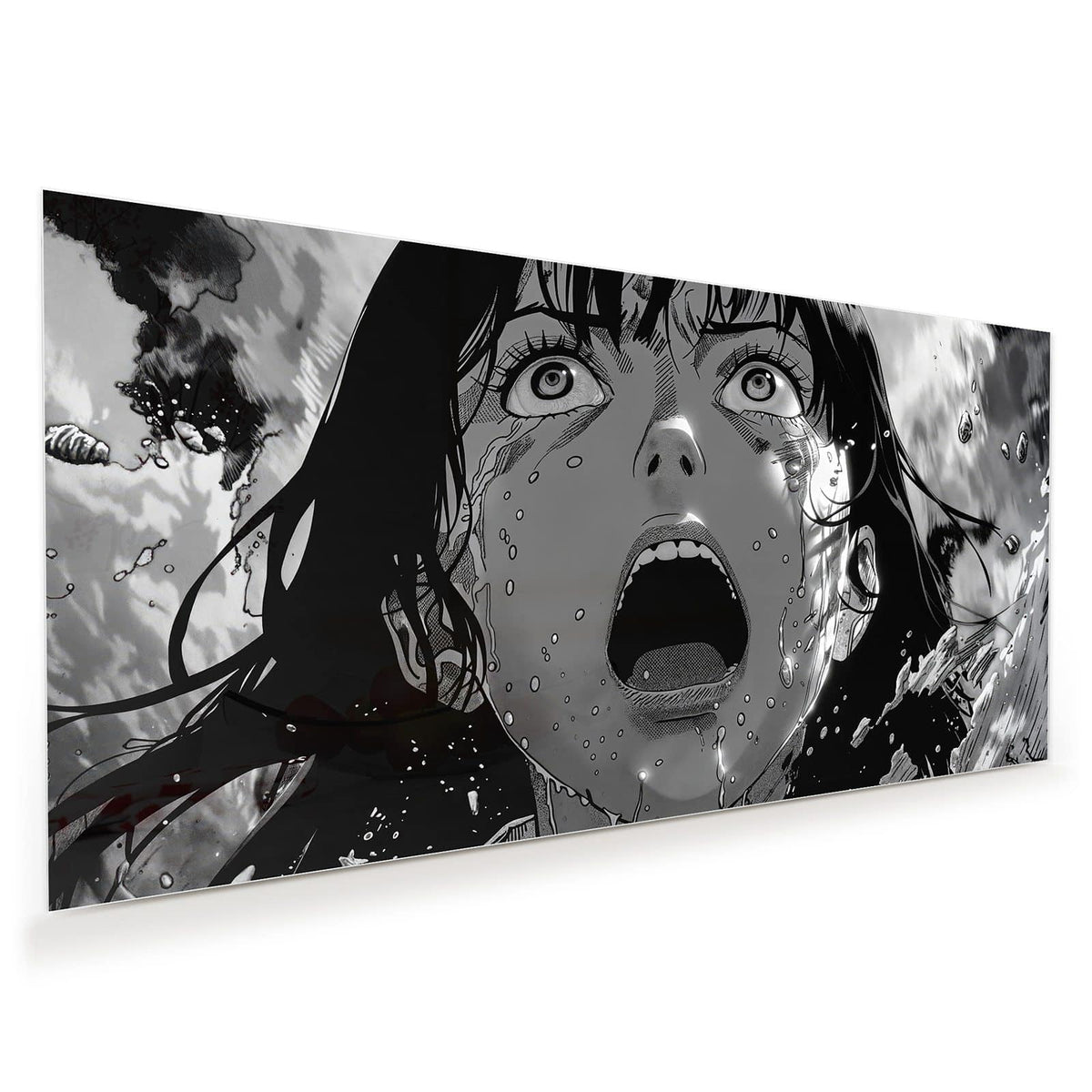 Schwarzweißes Manga-Gesicht in Großaufnahme, aufgerissene Augen und Mund, Schweißtropfen