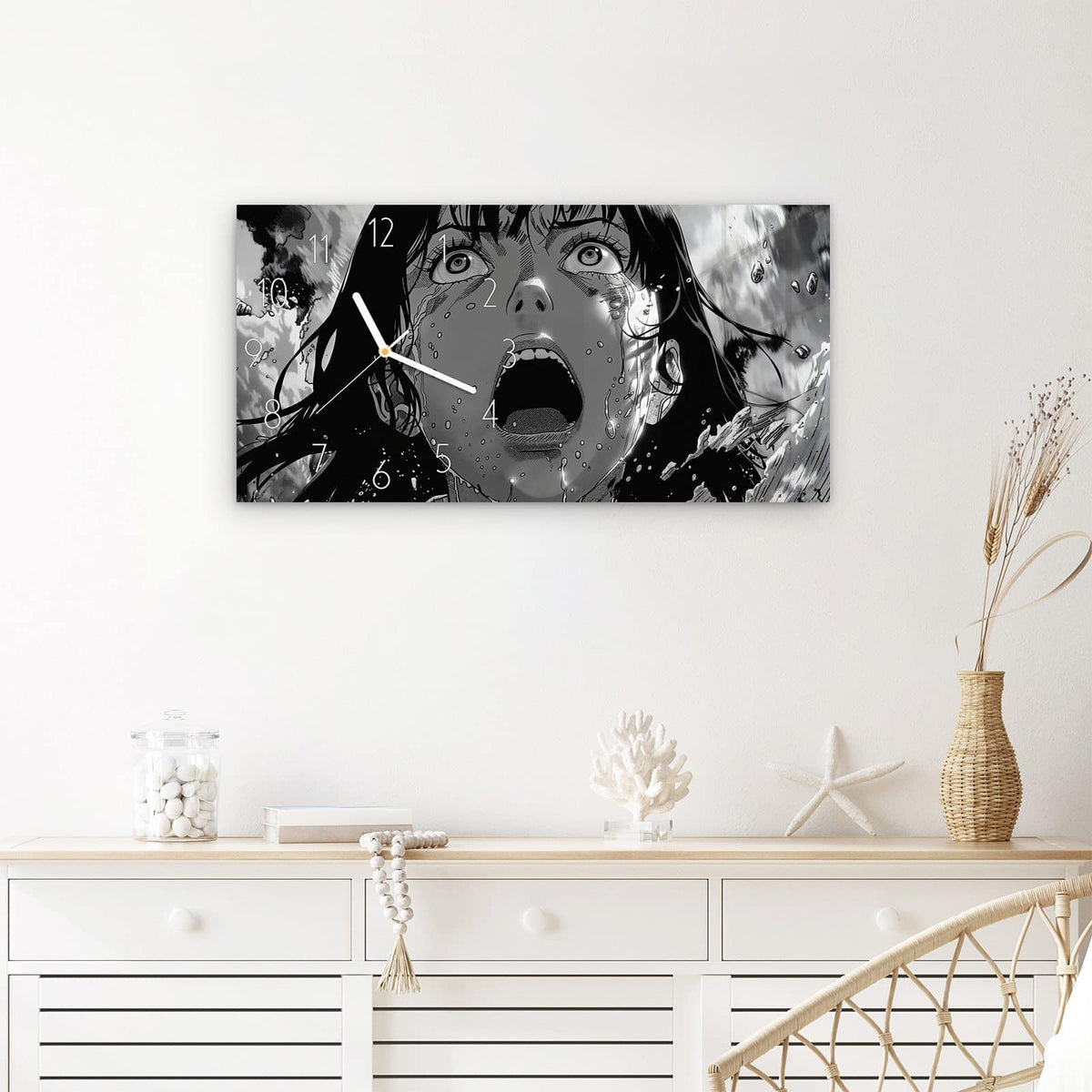 Wanduhr Schreiender Ausdruck aus Glas – Querformat 60 × 30 cm – Schreiendes Manga-Gesicht in Schwarz-Weiß