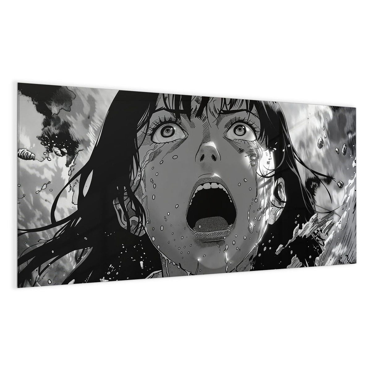 Schwarzweißes Manga-Gesicht in Großaufnahme, aufgerissene Augen und Mund, Schweißtropfen