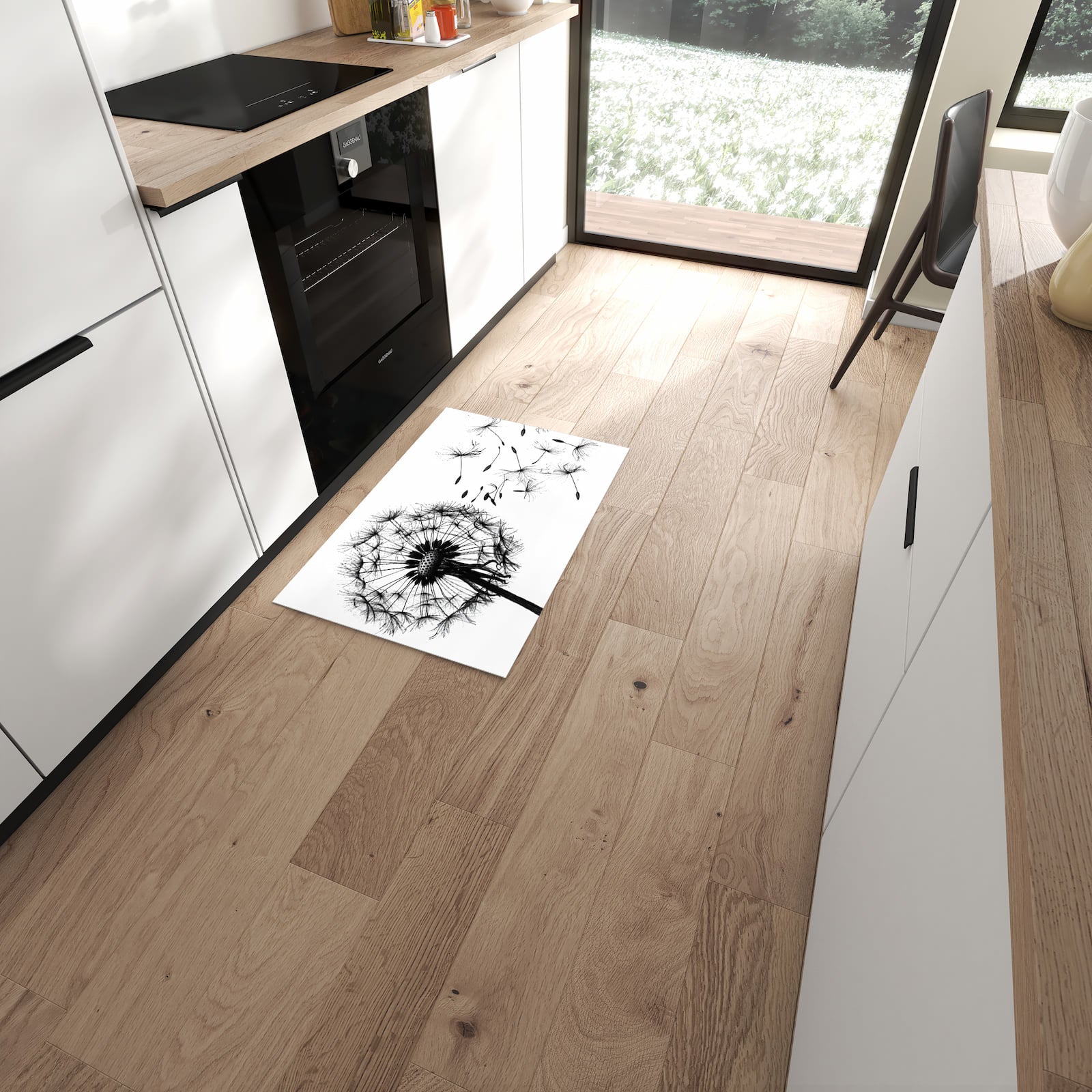 Waschbarer Küchenläufer mit Motiv Pusteblume für Ordnung in moderner Küche