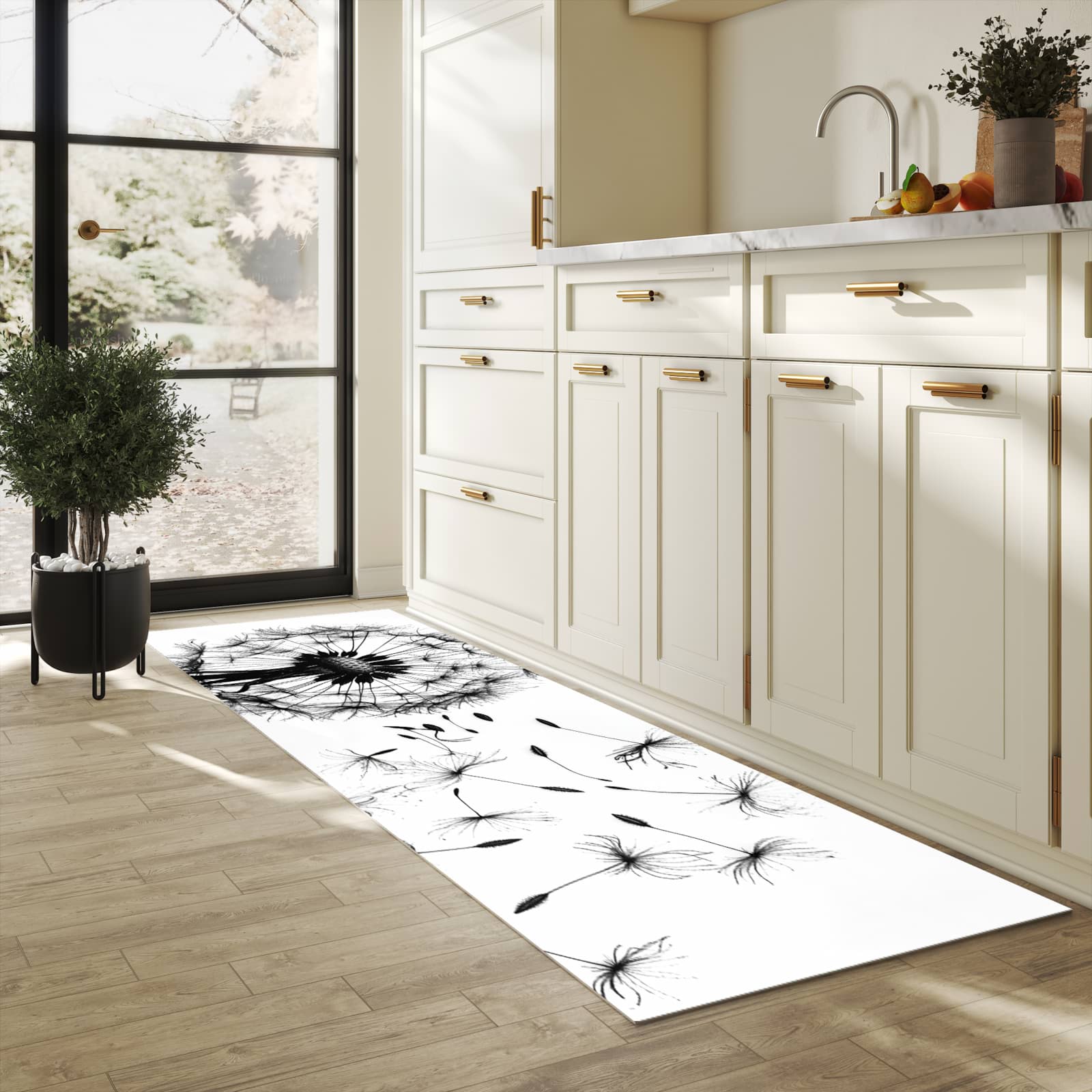 Zeitsparender waschbarer Küchenteppich mit Motiv Pusteblume in heller Küche