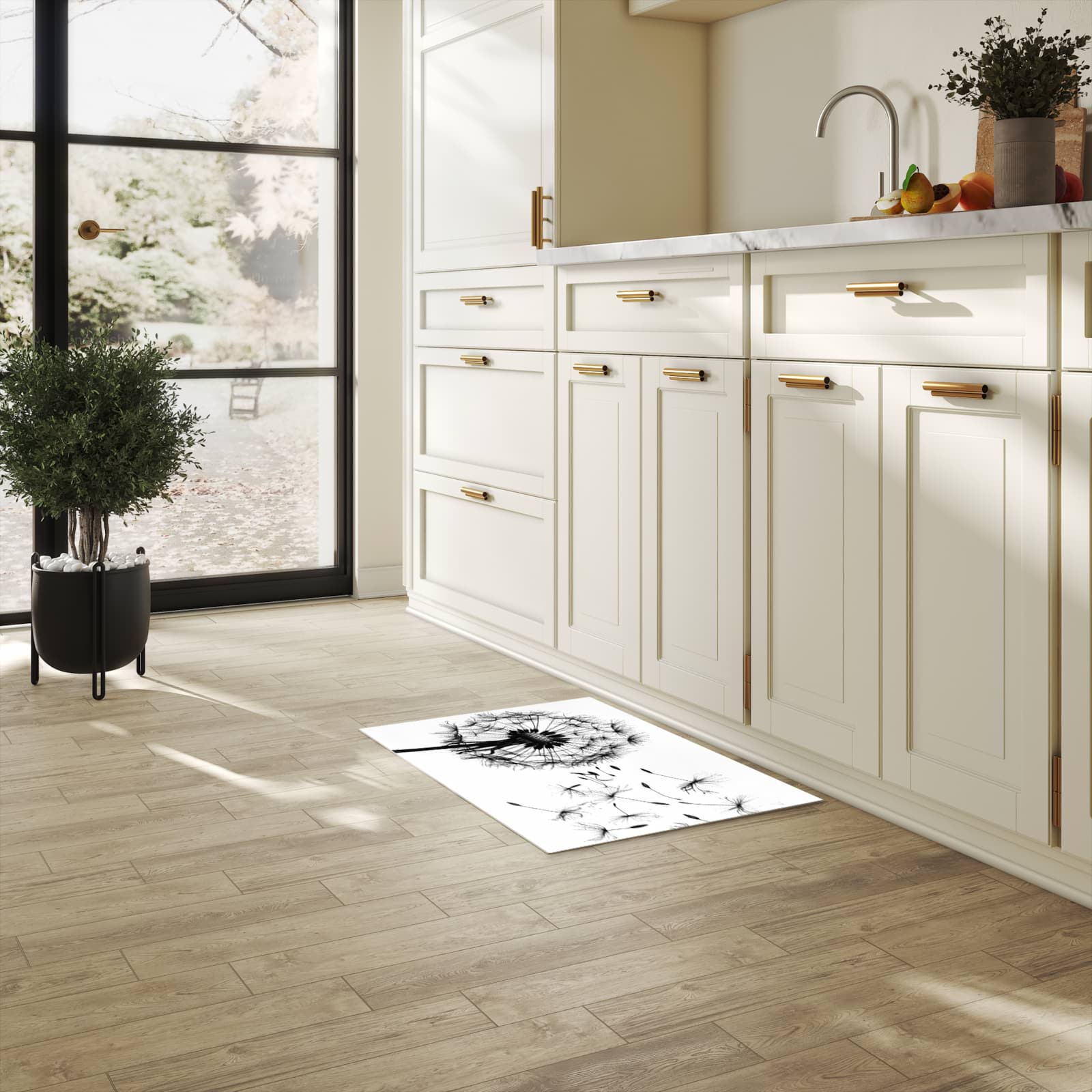 Farbbeständiger waschbarer Küchenteppich mit Motiv Pusteblume in heller Küche