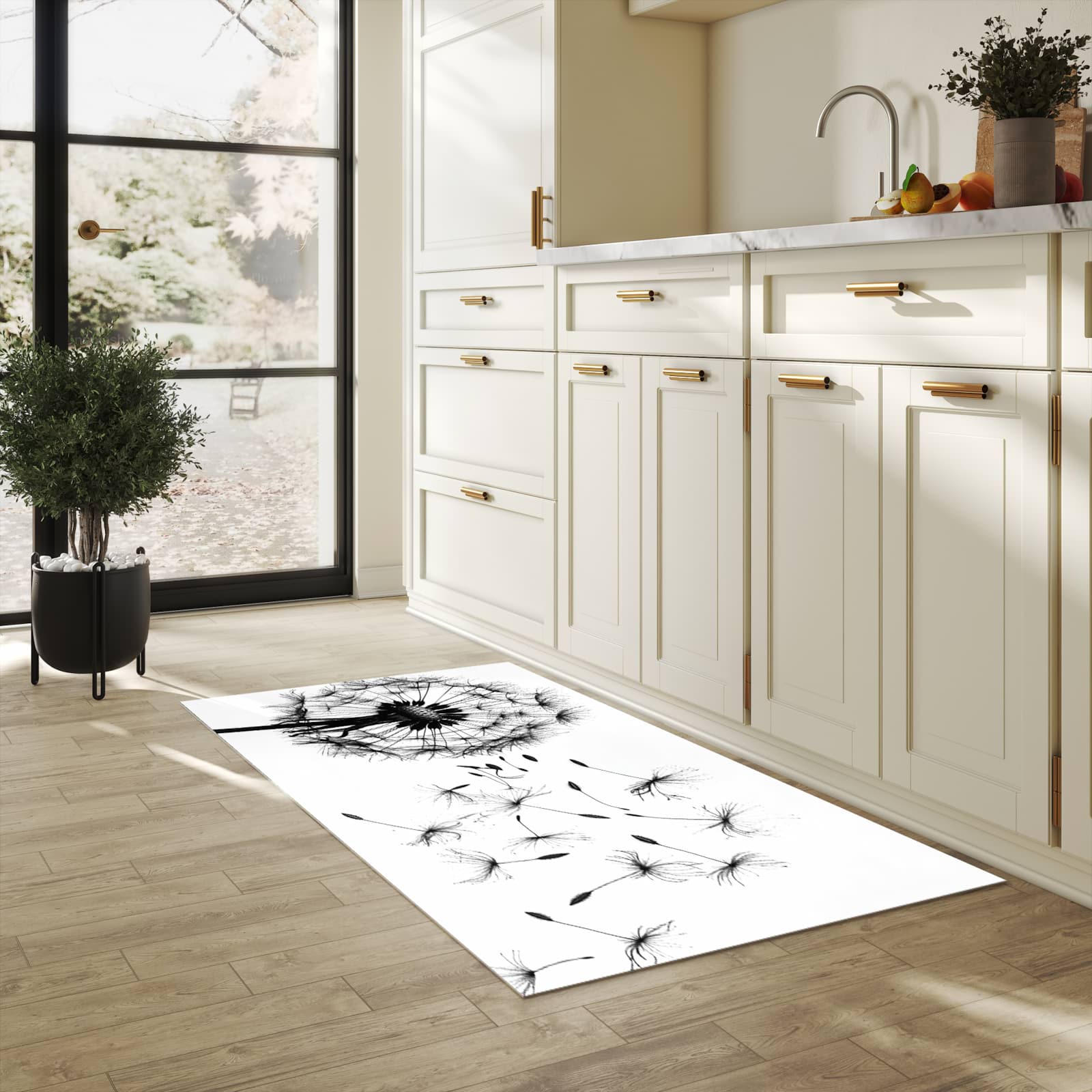 Abriebfester Küchenläufer mit Motiv Pusteblume in heller Küche