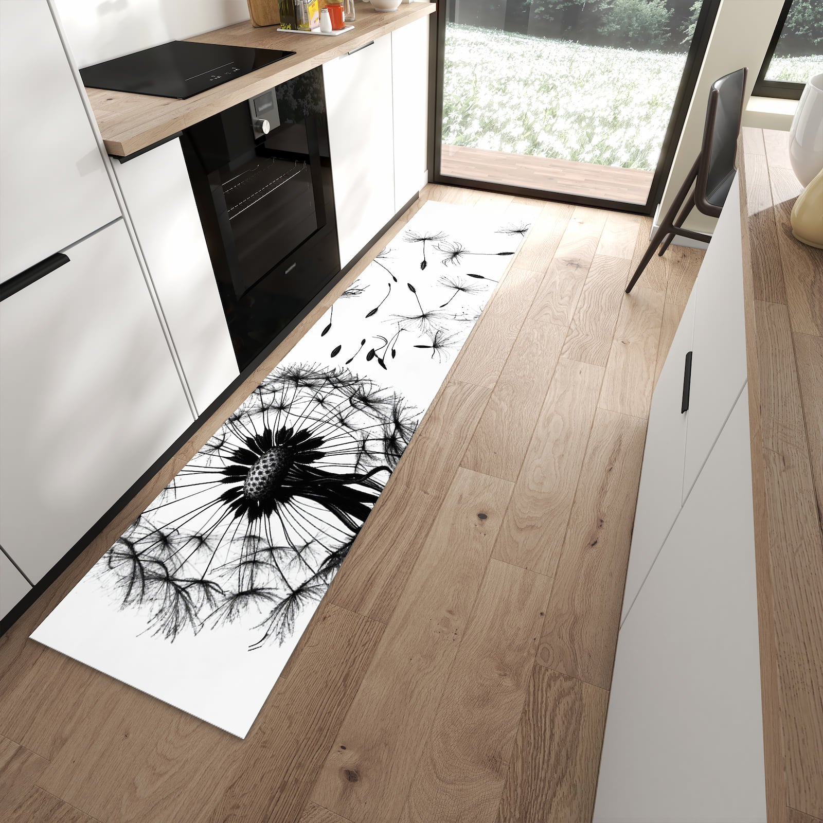 Feuchtigkeitsresistenter Teppichläufer mit Motiv Pusteblume in moderner Küche
