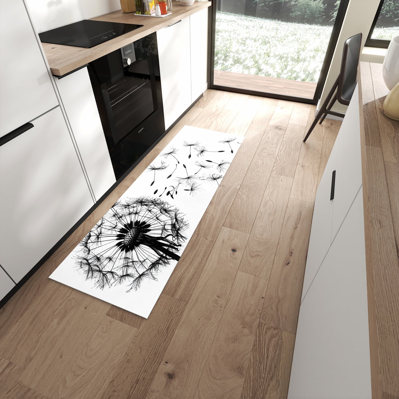 Langlebiger Küchenläufer mit Motiv Pusteblume in moderner Küche