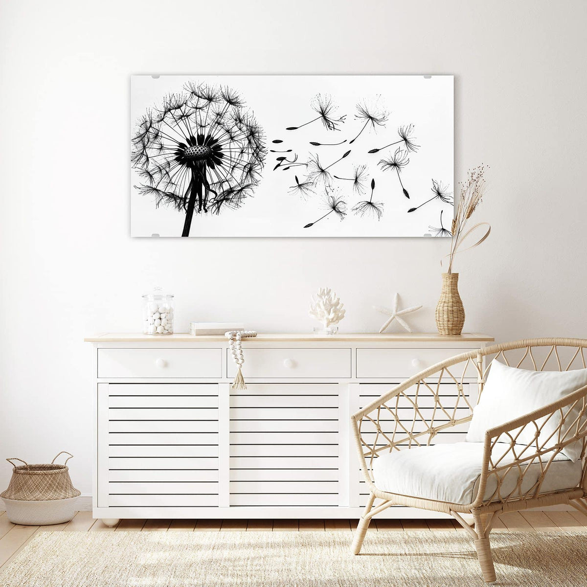 Echtglas, 4 mm – kein Acryl, keine Folie – Wandbild - Pusteblume auf Weiß - Querformat