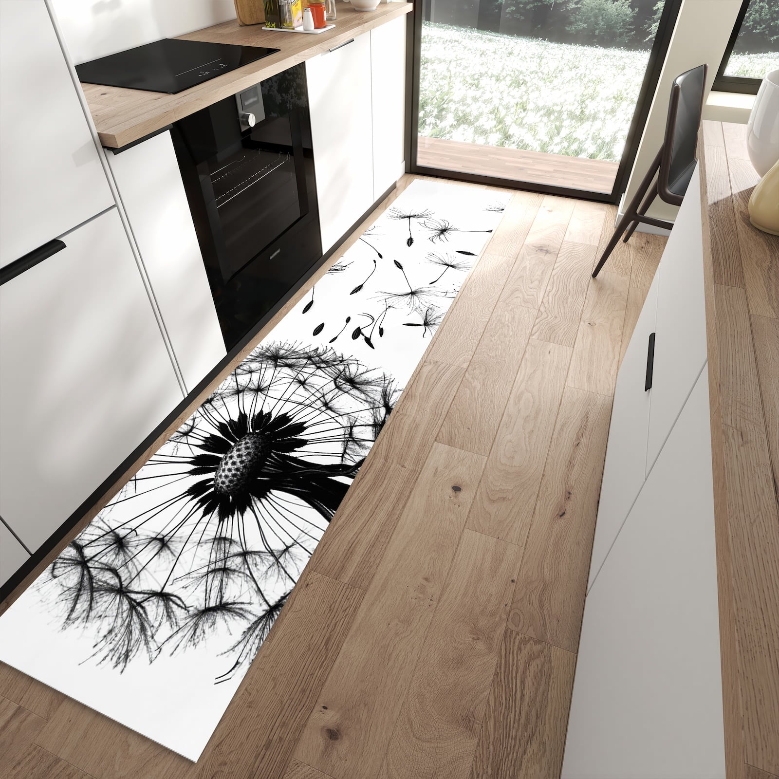Bodenschonender waschbarer Läufer für die Küche mit Motiv Pusteblume in moderner Küche