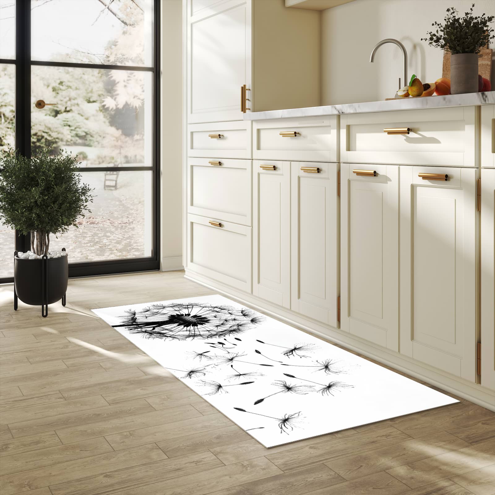 Formstabiler großer Küchenteppich mit Motiv Pusteblume in heller Küche