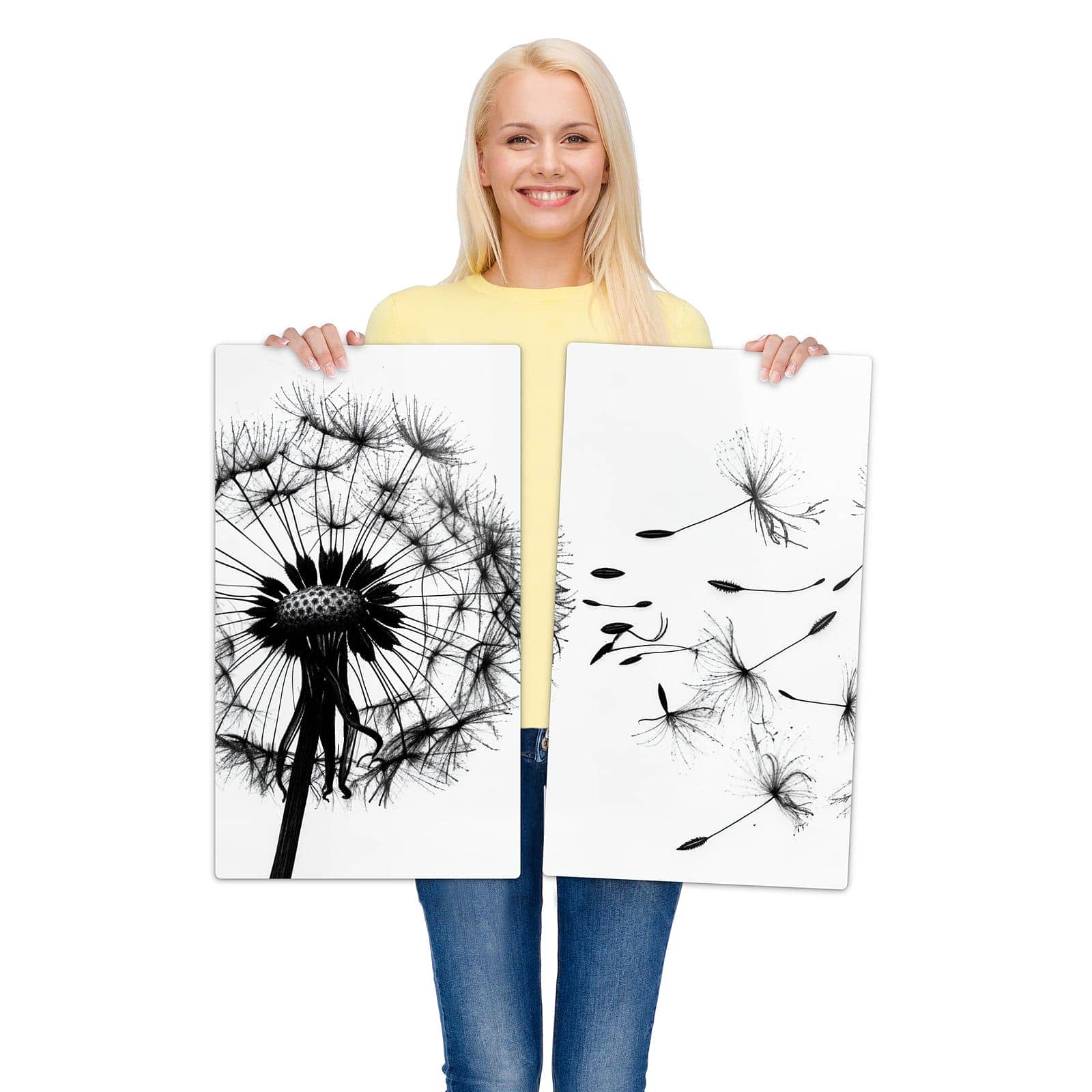 2-teilige Herdabdeckplatte mit Pusteblume-Motiv wird zur Größendarstellung gehalten