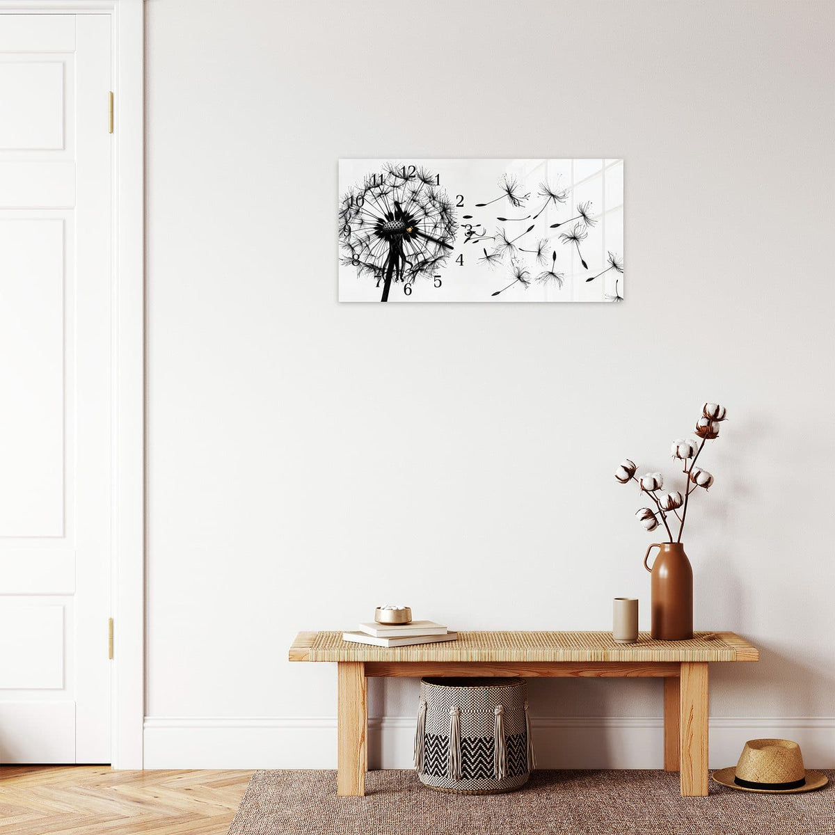 Moderne Wanduhr aus Glas mit Farbtiefe – Wanduhr Pusteblume aus Glas – Querformat 60 × 30 cm