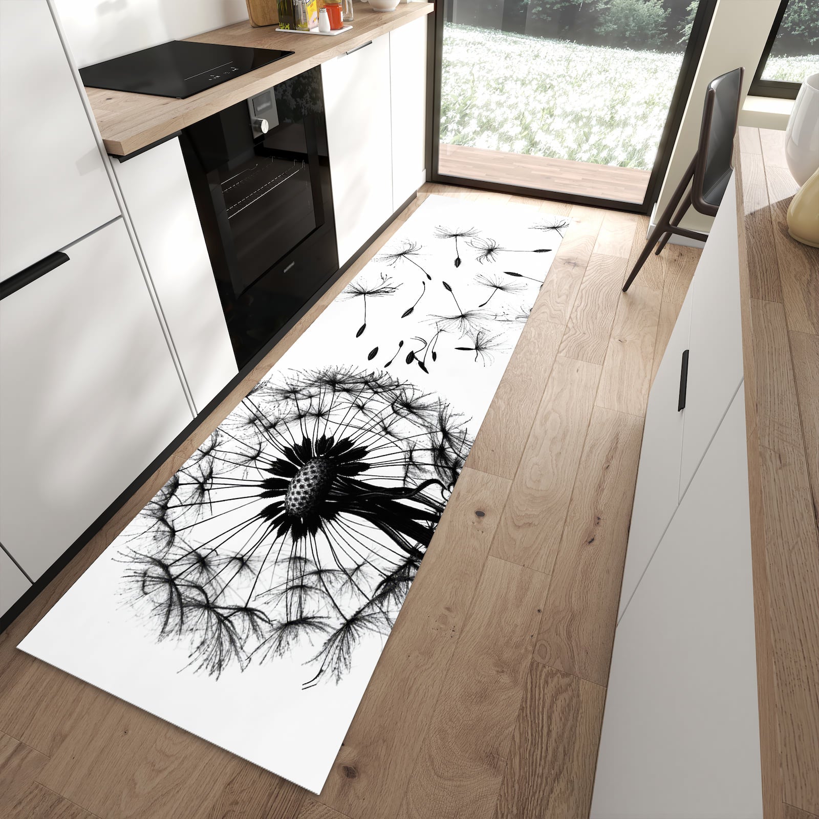 Formstabiler Läufer mit Motiv Pusteblume in moderner Küche für rutschfesten Stand