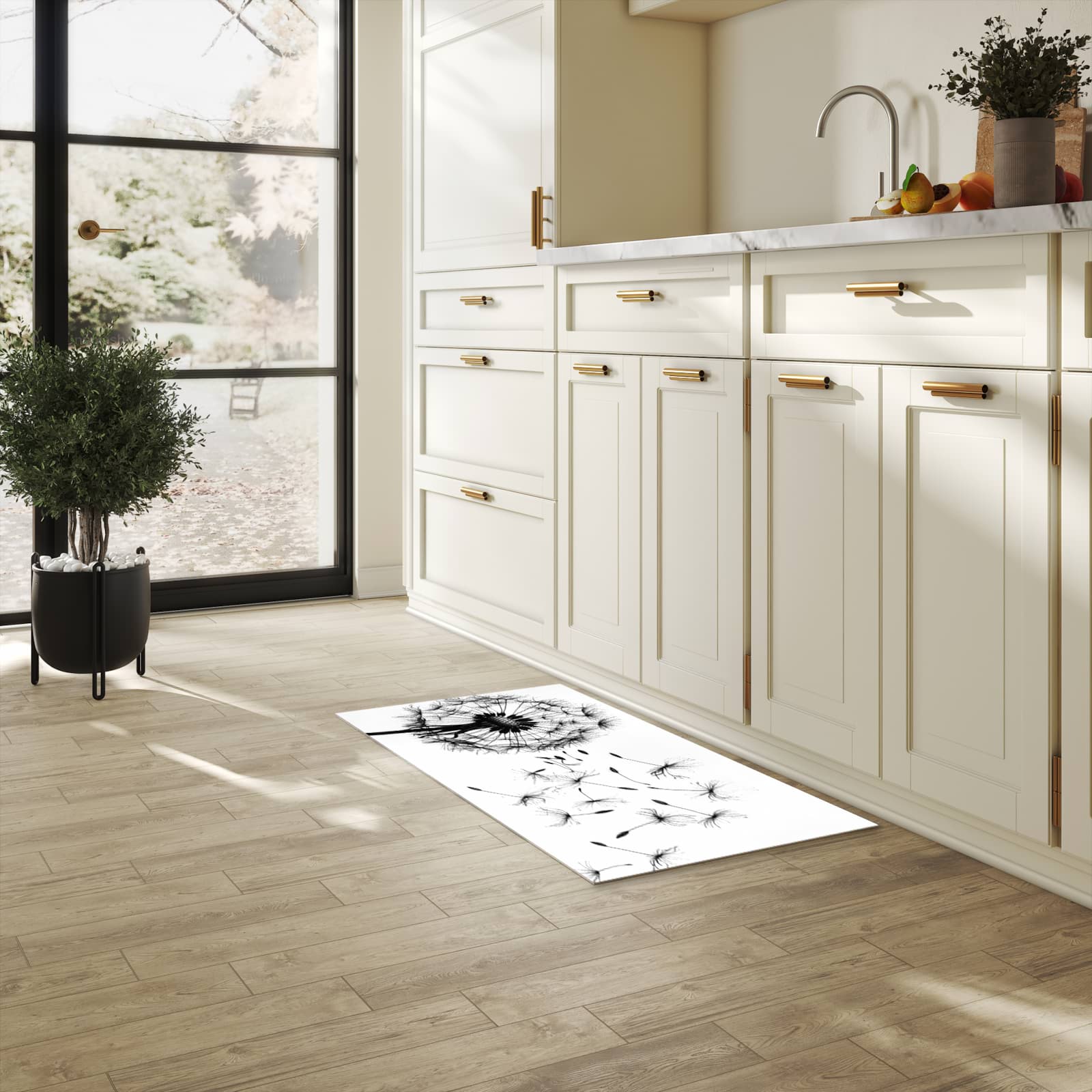 Langlebiger Küchenteppich mit Motiv Pusteblume in heller Küche