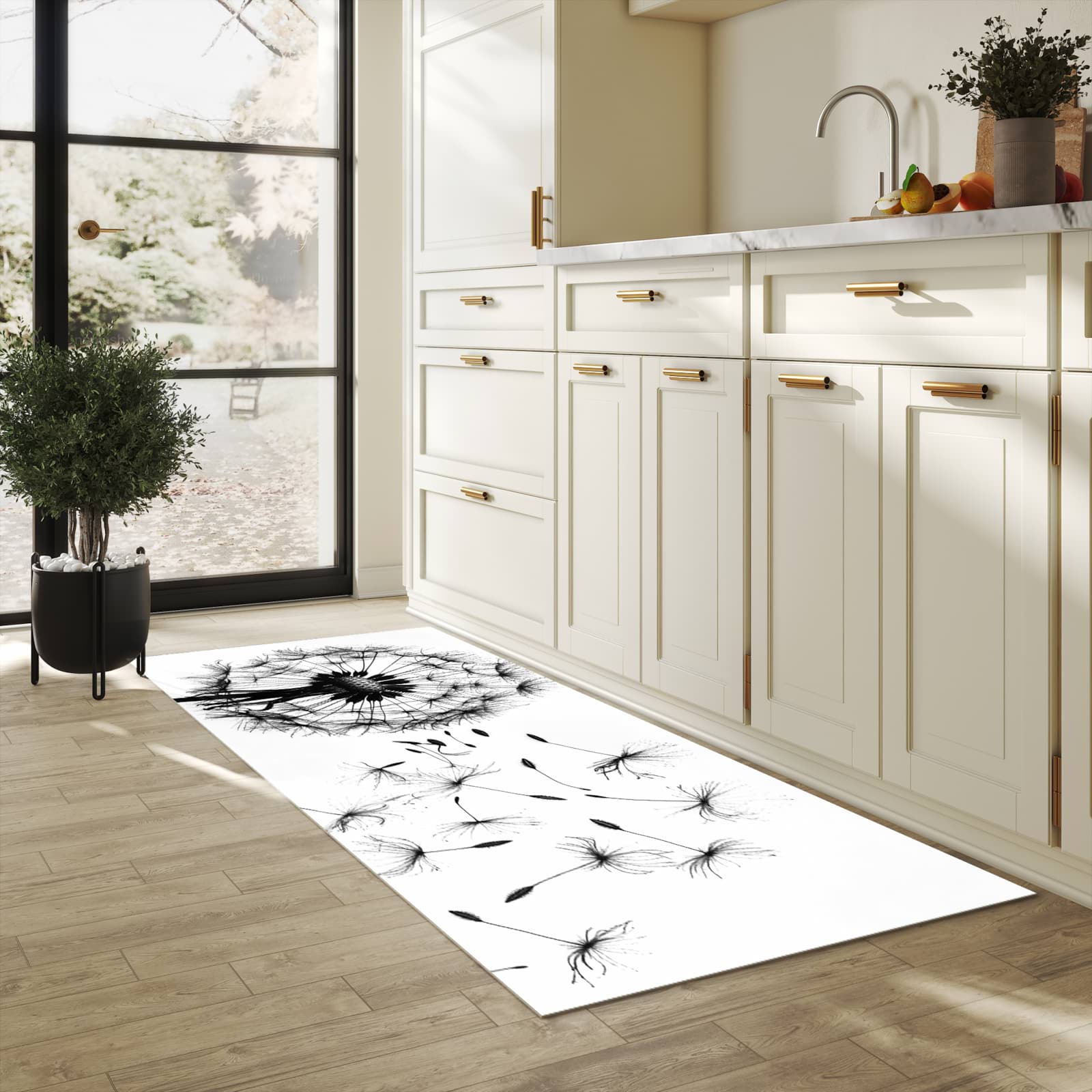 UV-beständiger Küchenläufer mit Motiv Pusteblume in heller Küche