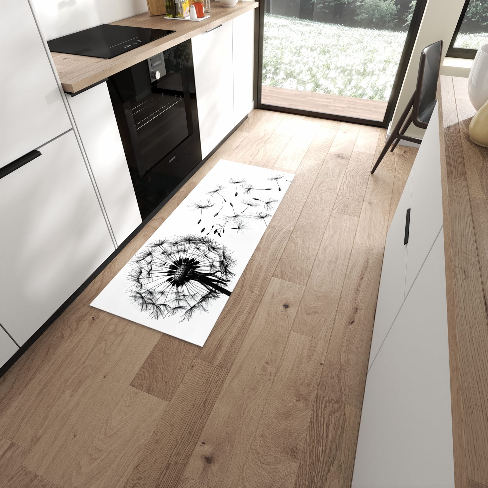 Waschbarer Küchenteppich mit Motiv Pusteblume in moderner Küche #grösse_60 x 150 cm