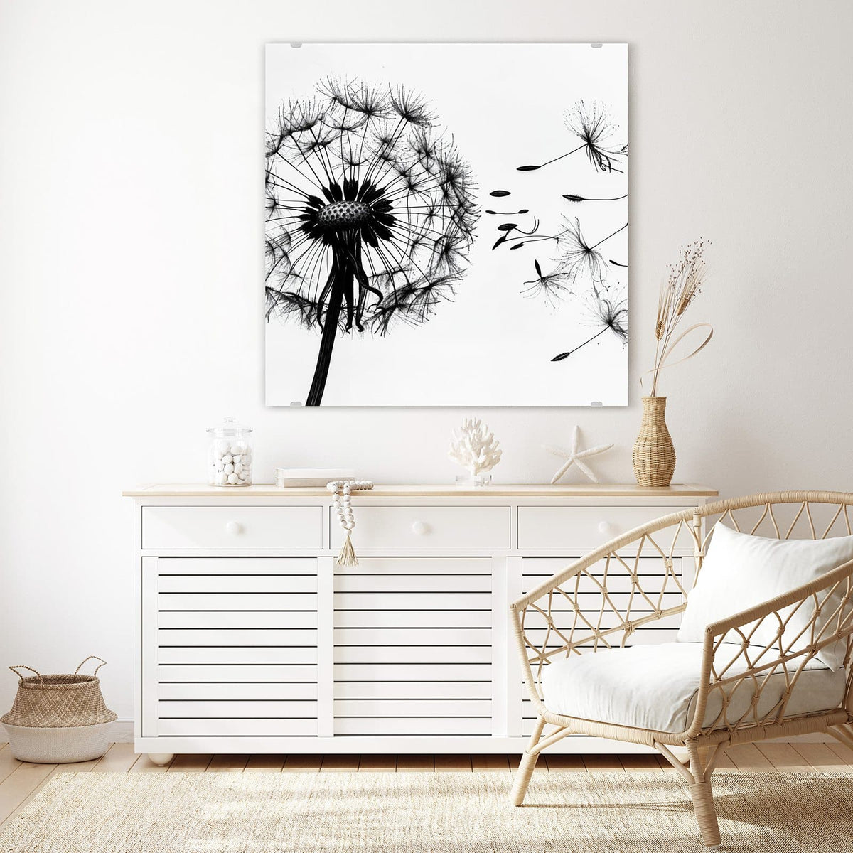Echtglas, 4 mm – kein Acryl, keine Folie – Wandbild - Pusteblume auf Weiß - Quadratisch